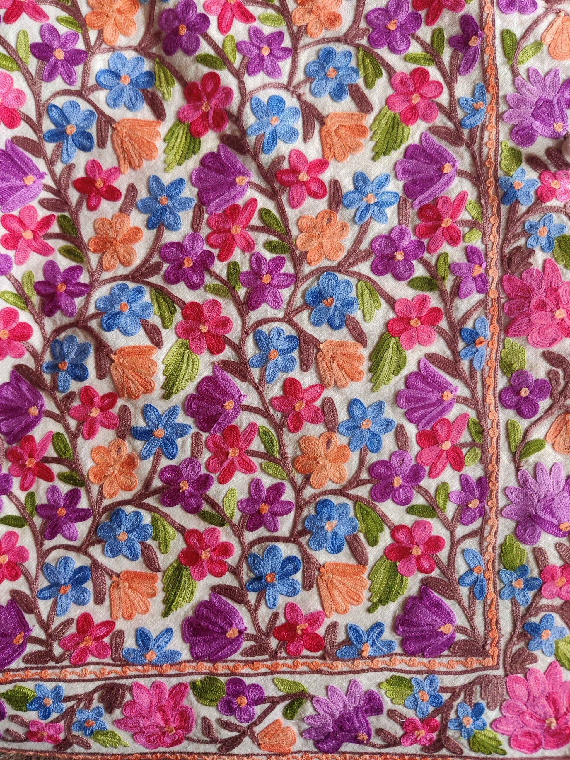 Kashmiri White Floral Jacket - KashmKari