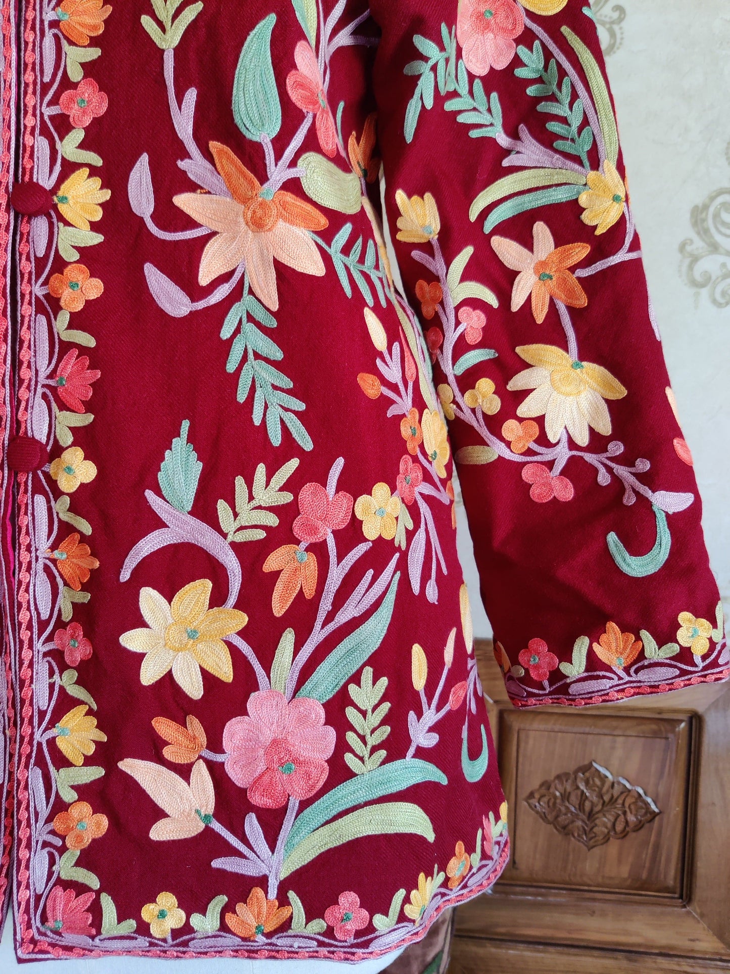 Maroon Short Boho Floral Jacket. - KashmKari