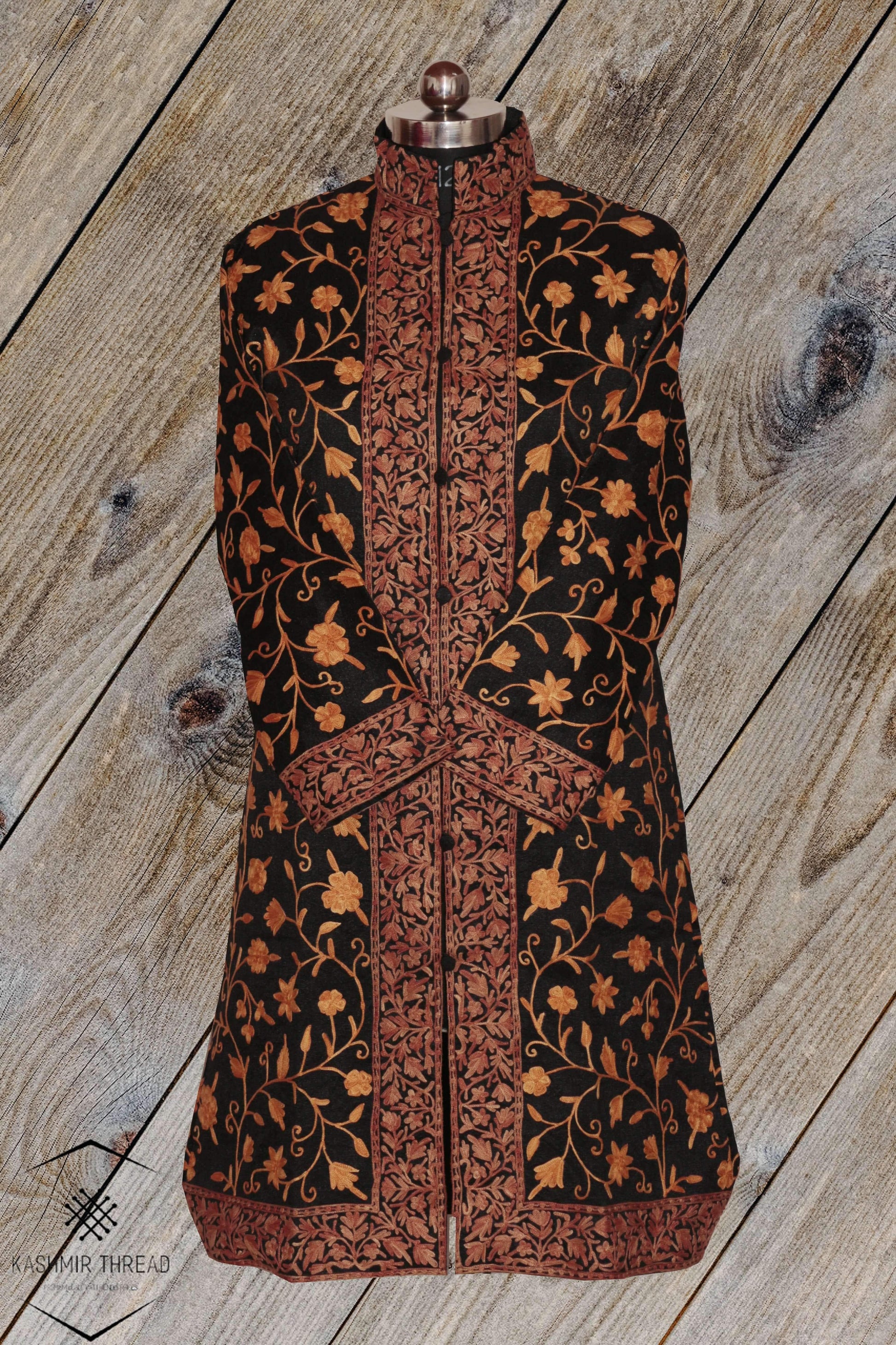 Kashmir Thread Coat 44 Black Kashmiri Long Coat with All over Aari Embroidery