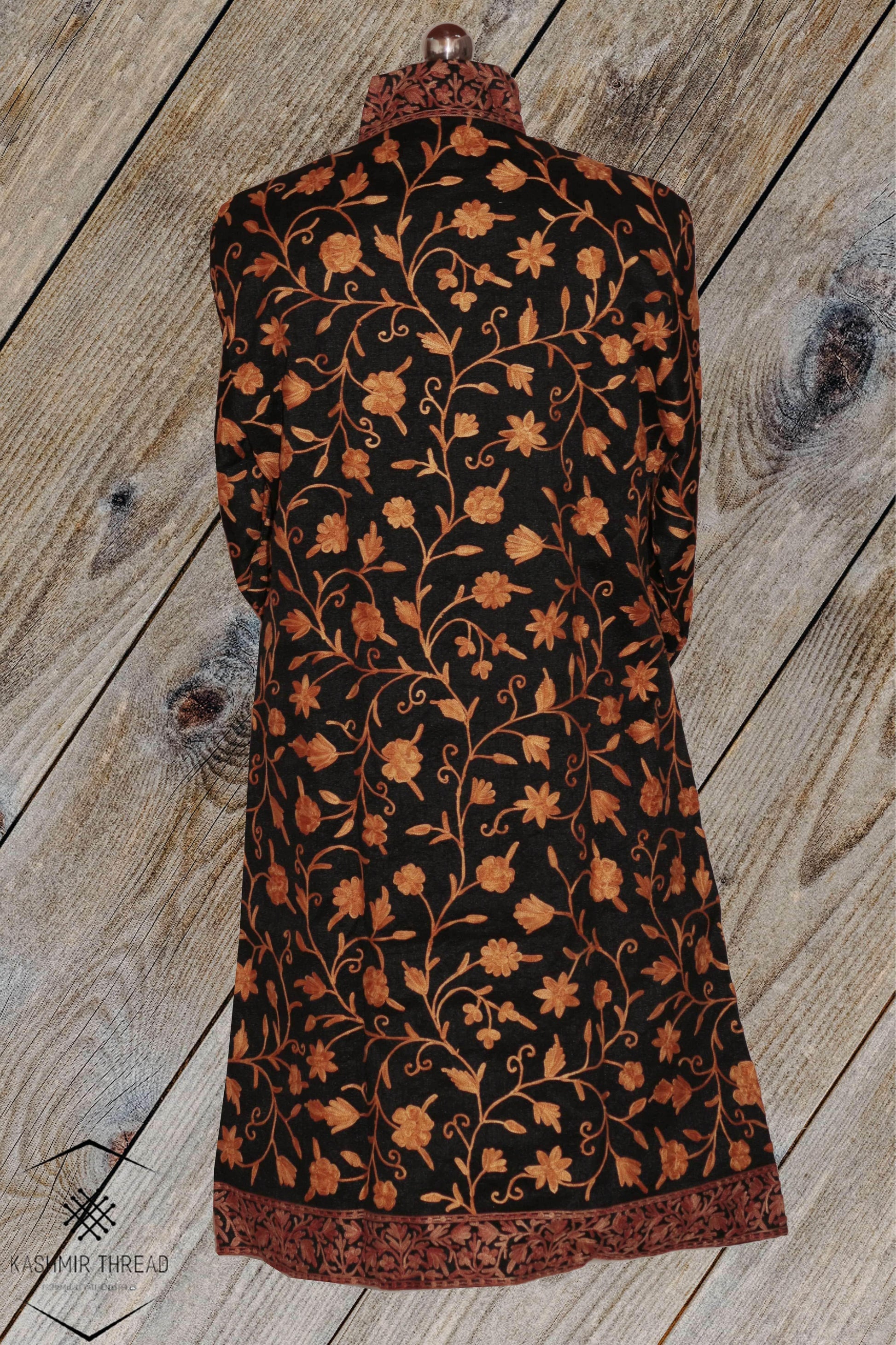 Kashmir Thread Coat 44 Black Kashmiri Long Coat with All over Aari Embroidery