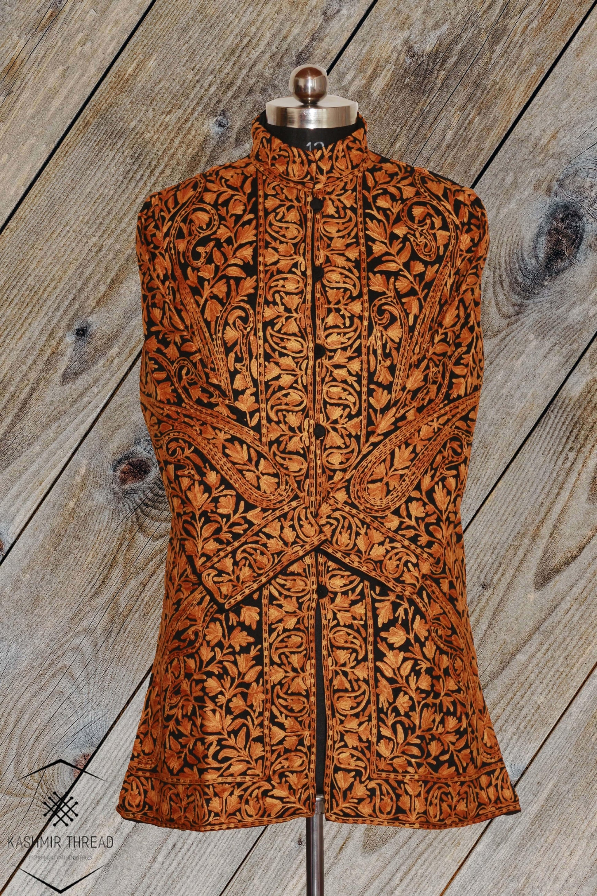 Kashmir Thread Coat M(40) Brown Kashmiri Woolen Jacket with Aari Embroidery