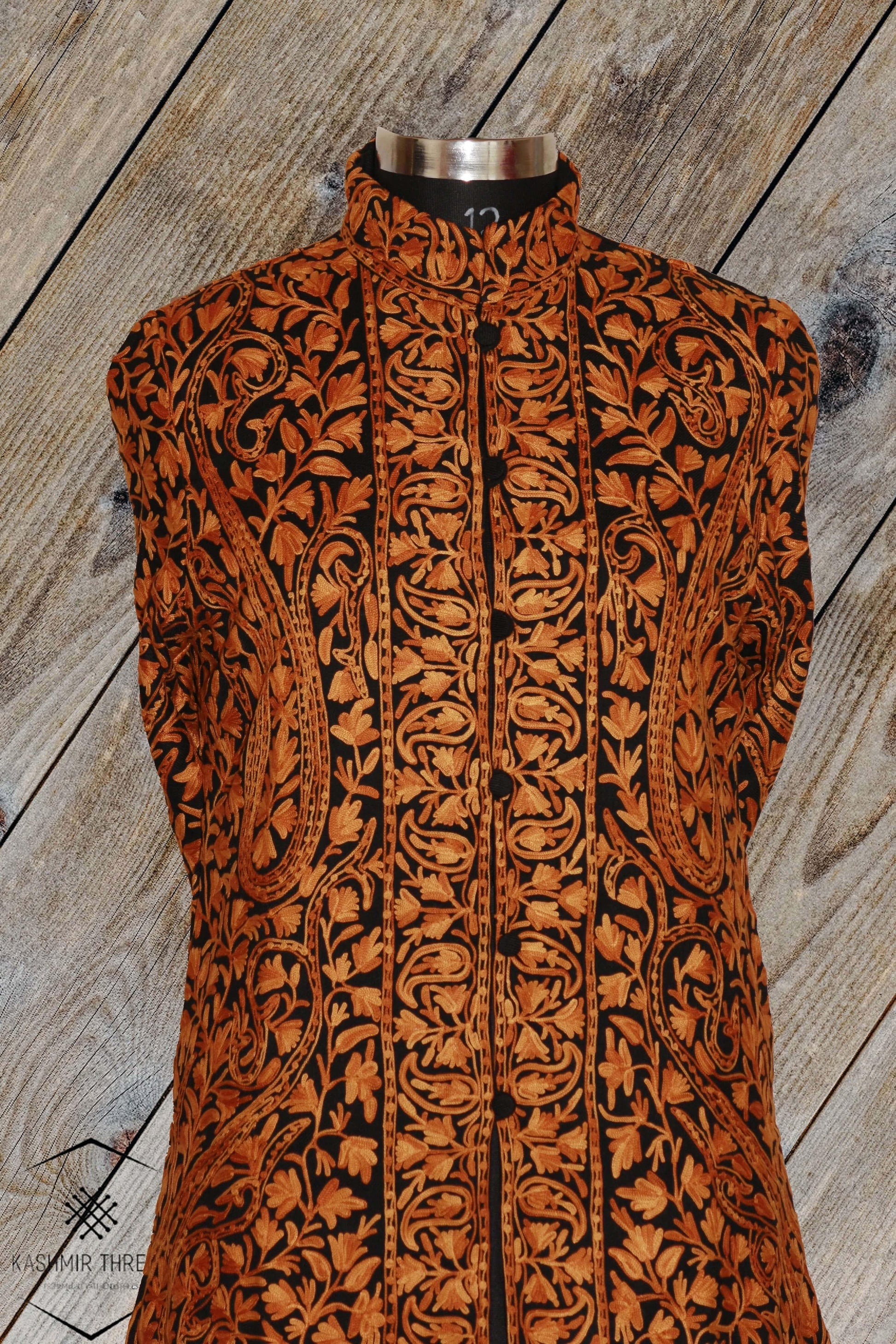 Kashmir Thread Coat M(40) Brown Kashmiri Woolen Jacket with Aari Embroidery