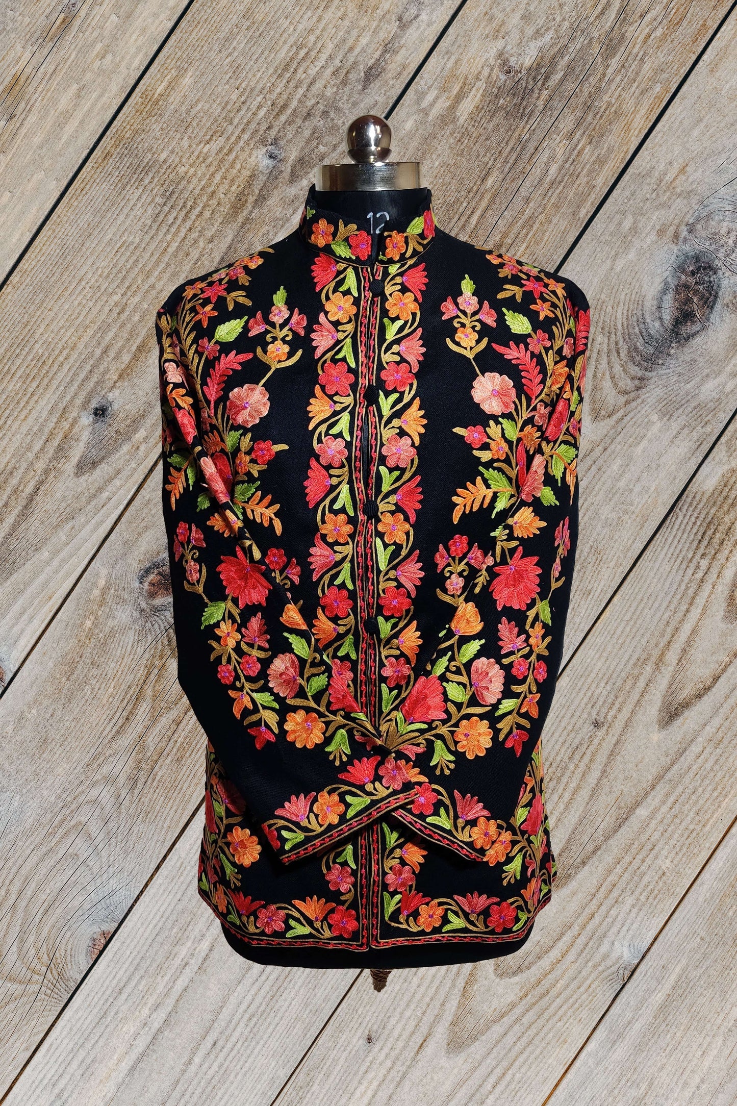 Kashmir Thread Coat XXXL (48) Kashmiri Woolen Jacket With Multicolour Floral Embroidery