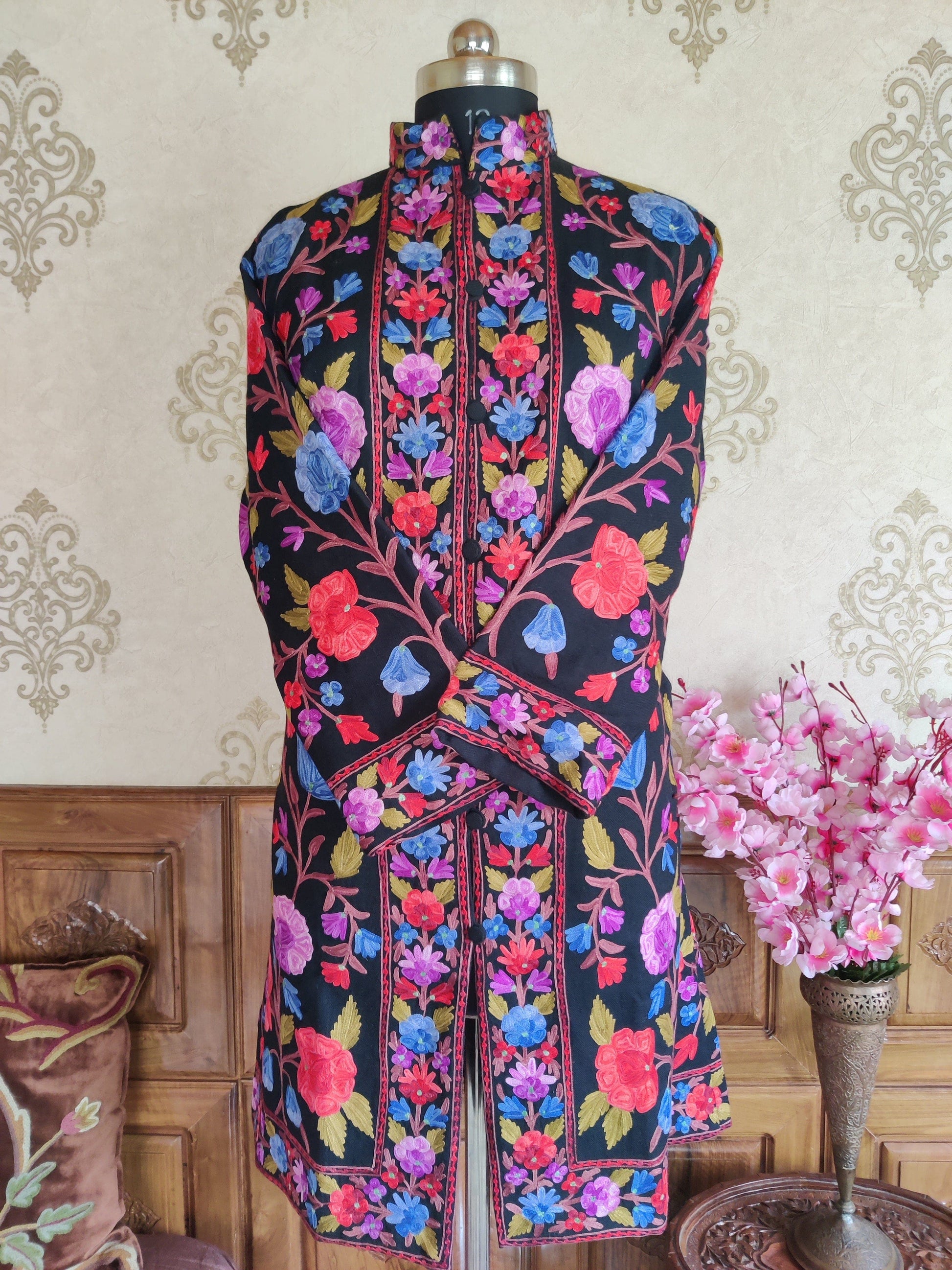 Long Kashmiri Boho Jacket Multicolor Floral Embroidery Jacket KashmKari Buy Long Kashmiri Embroidered Boho  Jacket with Size | Kashmir Thread
