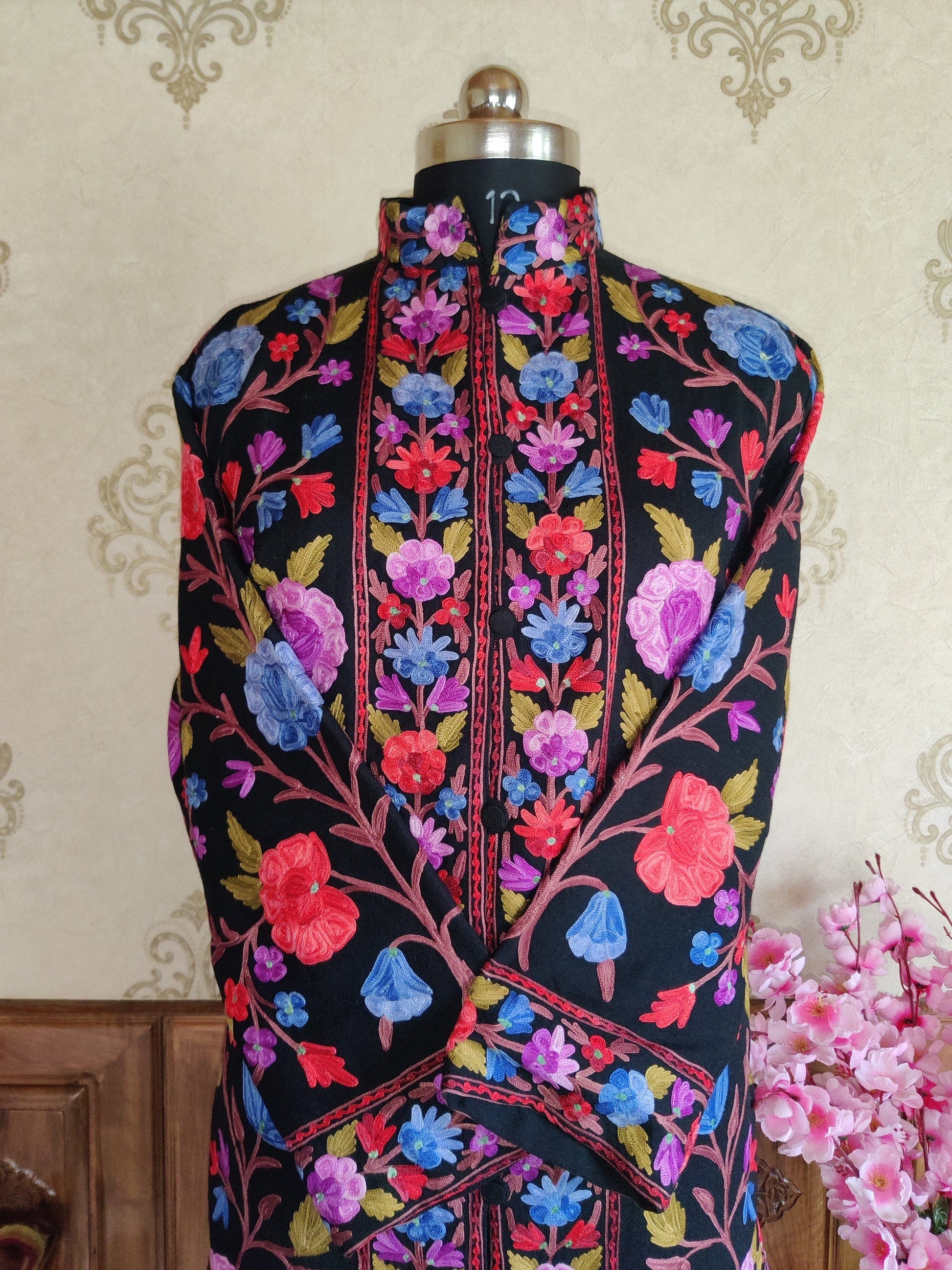 Long Kashmiri Boho Jacket Multicolor Floral Embroidery Jacket KashmKari Buy Long Kashmiri Embroidered Boho  Jacket with Size | Kashmir Thread