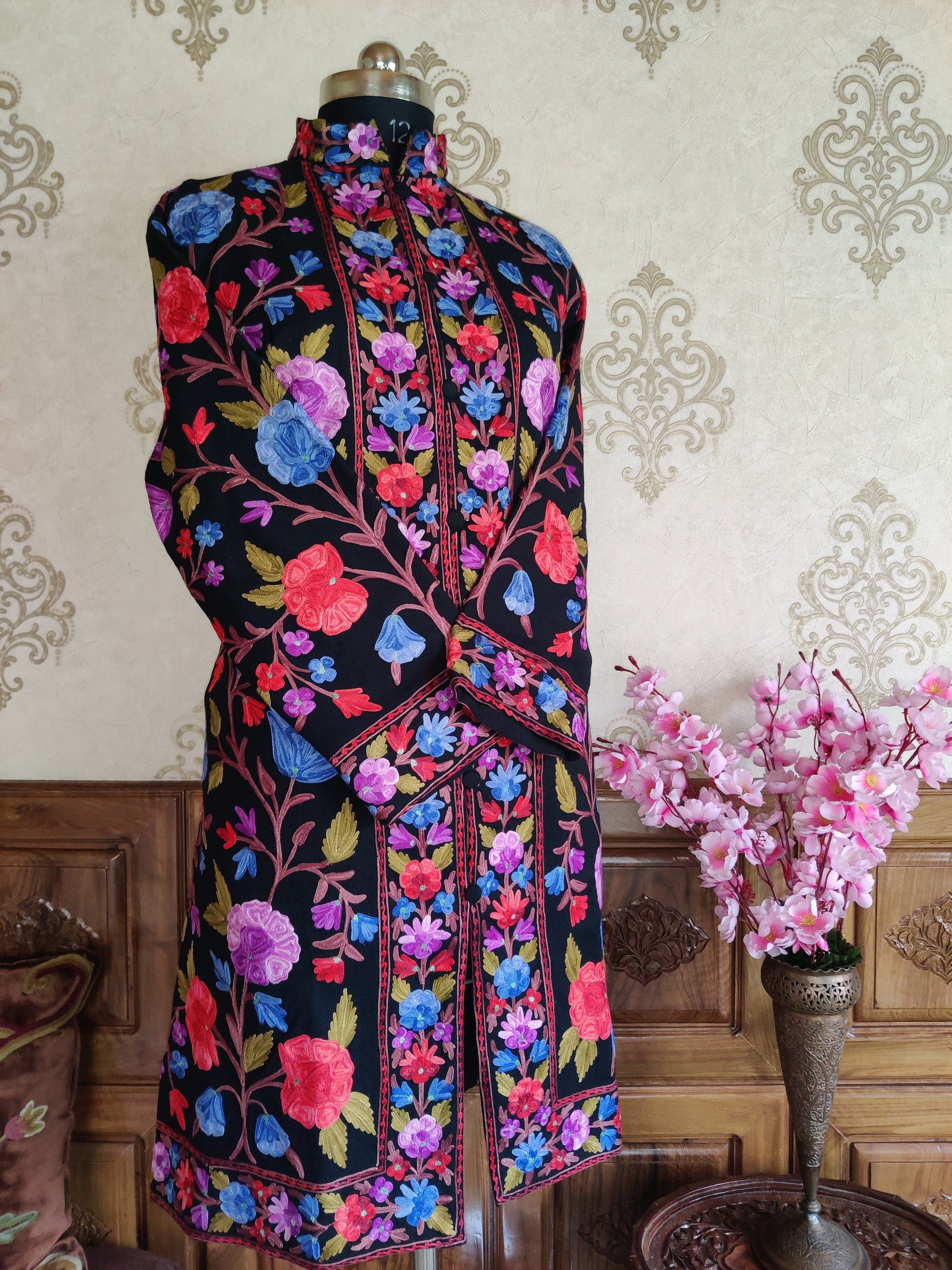 Long Kashmiri Boho Jacket Multicolor Floral Embroidery Jacket KashmKari Buy Long Kashmiri Embroidered Boho  Jacket with Size | Kashmir Thread