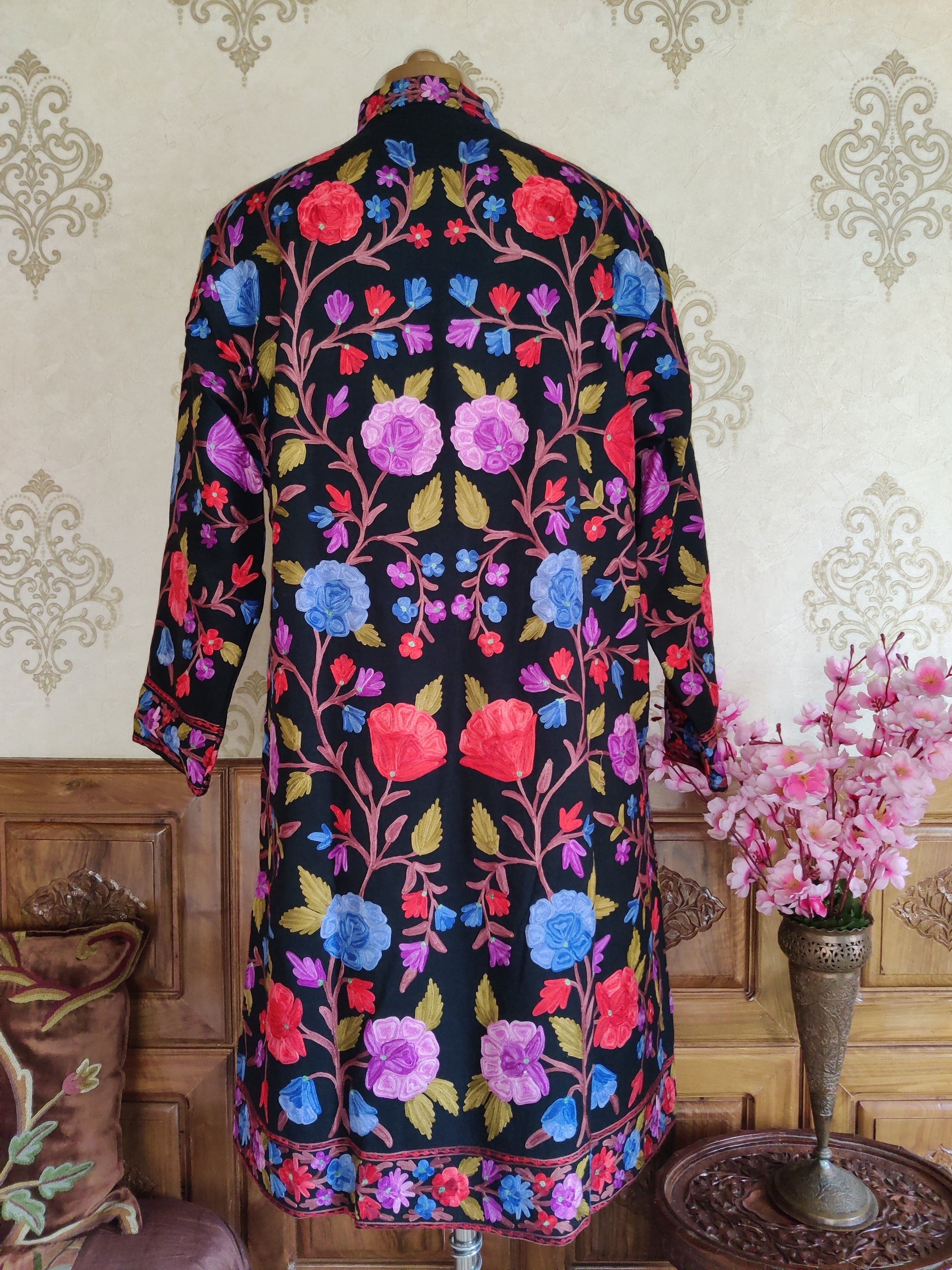Long Kashmiri Boho Jacket Multicolor Floral Embroidery Jacket KashmKari Buy Long Kashmiri Embroidered Boho  Jacket with Size | Kashmir Thread