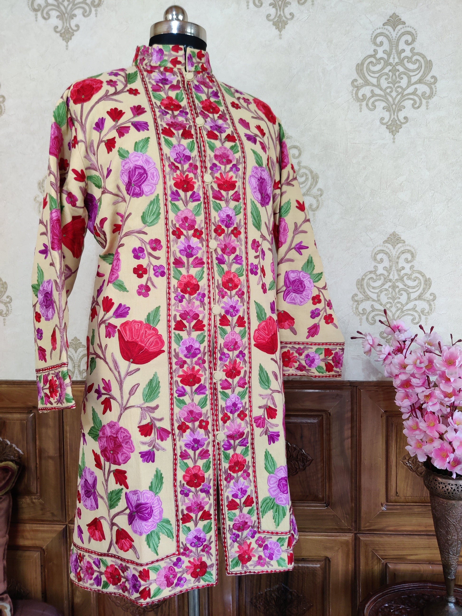 Long Kashmiri Jacket With Floral Embroidery , Boho Embroidery Jacket Jacket KashmKari Buy White Kashmiri coat With Boho-Hippie Embroidery at best price Online  | Kashmir Thread