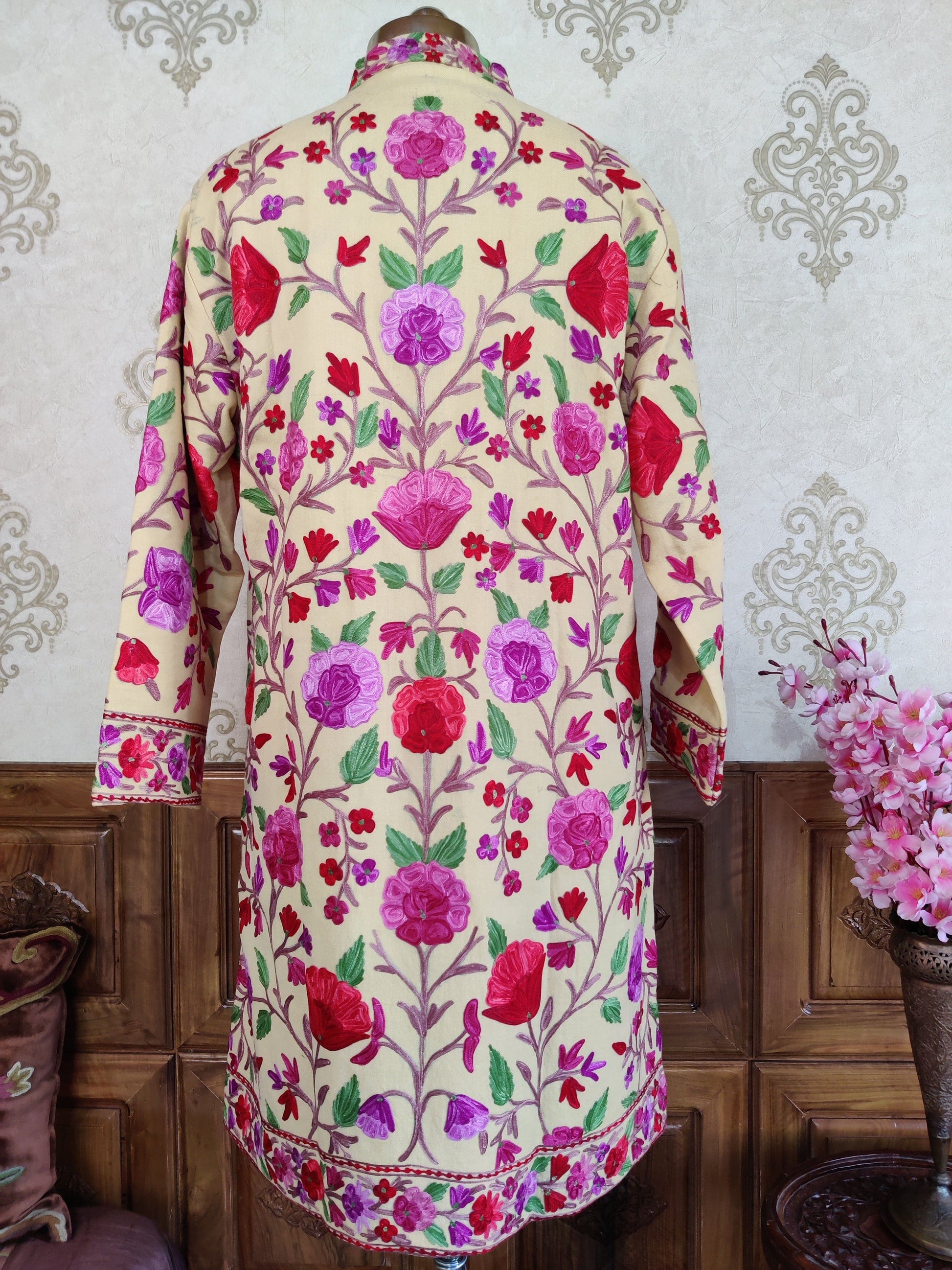 Long Kashmiri Jacket With Floral Embroidery , Boho Embroidery Jacket Jacket KashmKari Buy White Kashmiri coat With Boho-Hippie Embroidery at best price Online  | Kashmir Thread