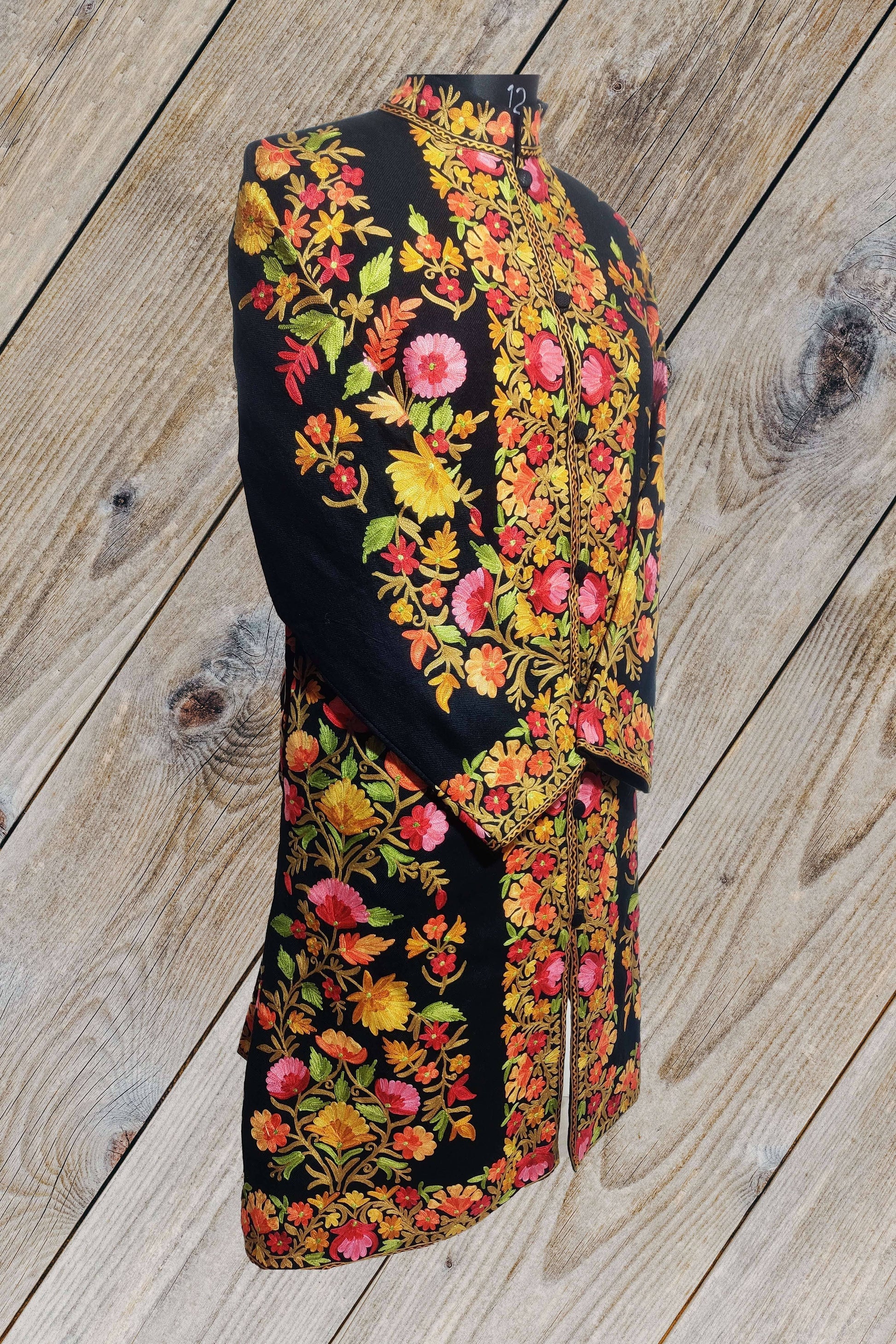Kashmir Thread Coat Long Kashmiri Woolen Jacket with Multicolor Floral Embroidery