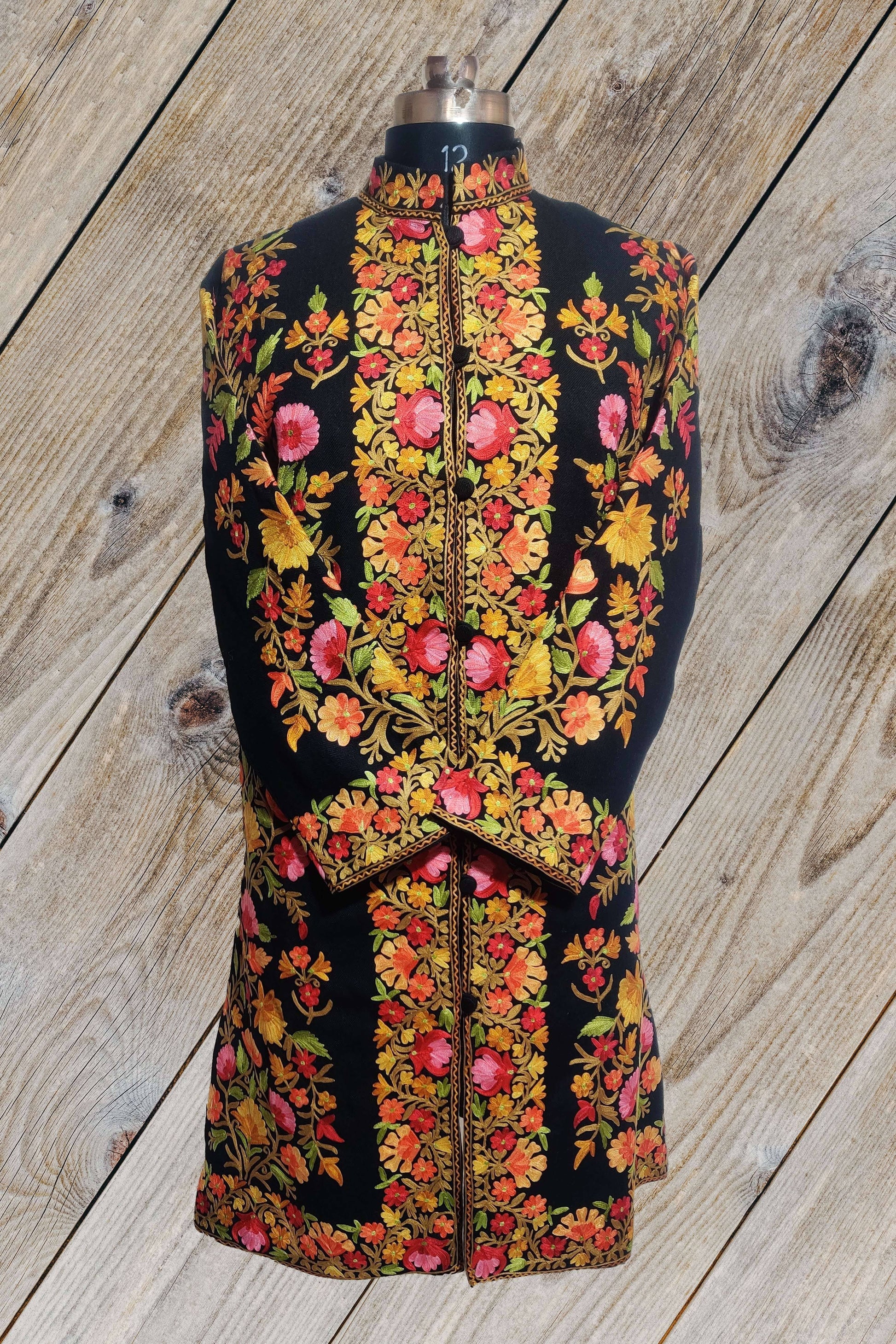 Kashmir Thread Coat Long Kashmiri Woolen Jacket with Multicolor Floral Embroidery