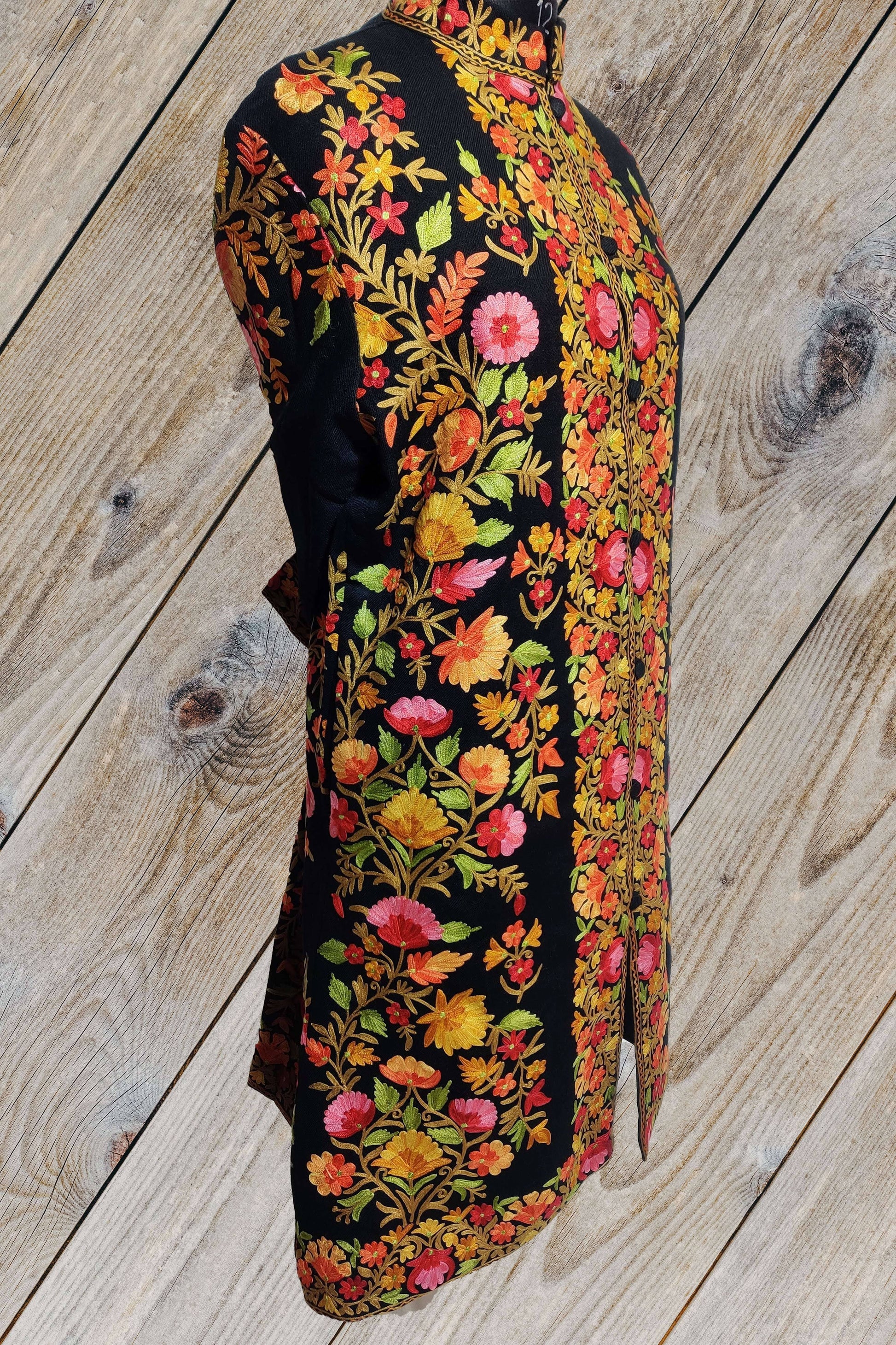 Kashmir Thread Coat Long Kashmiri Woolen Jacket with Multicolor Floral Embroidery