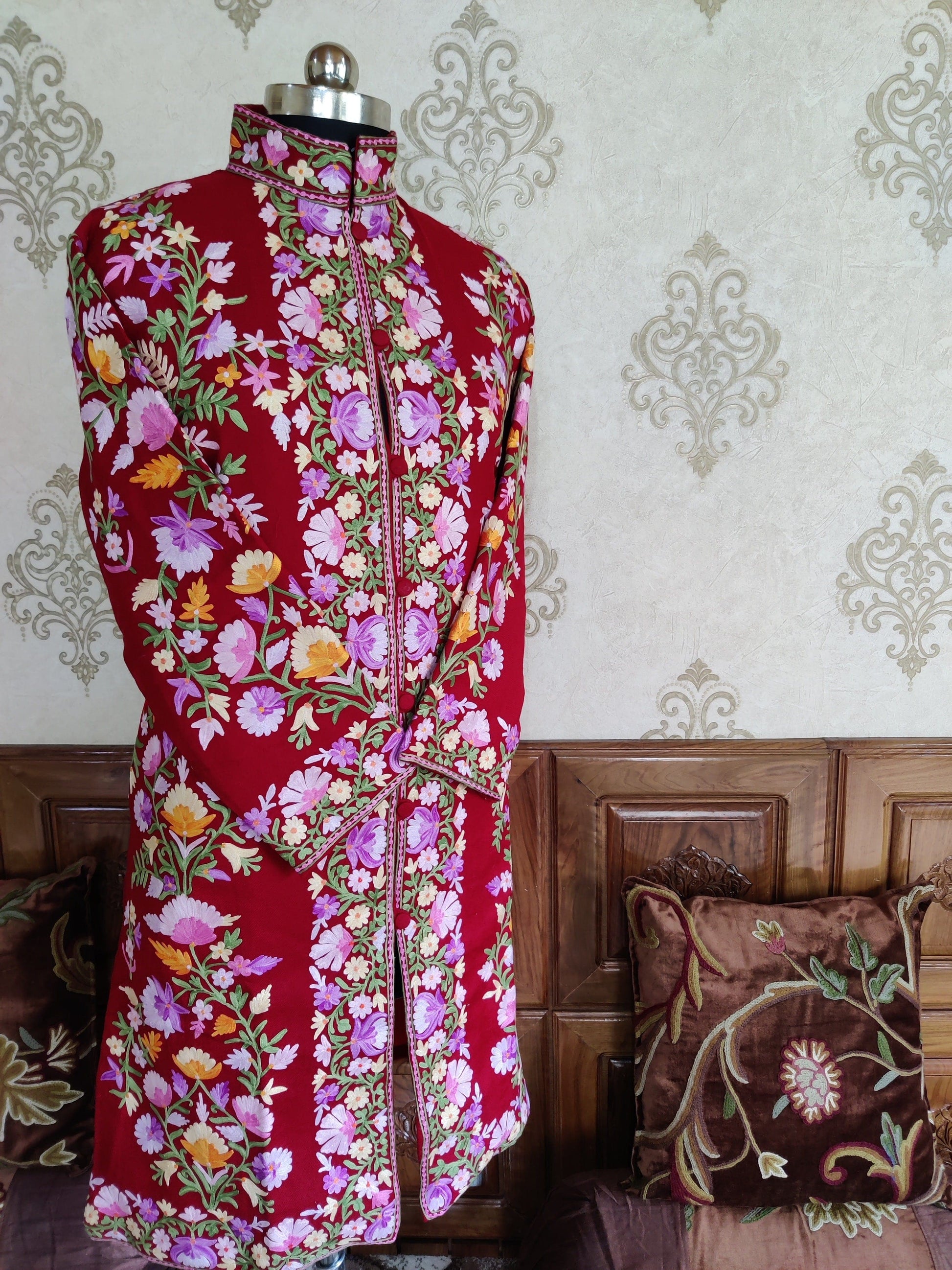 Maroon Long Kashmiri Jacket With Multicolor Floral Embroidery Jacket KashmKari Buy Maroon Kashmiri coat With Boho-Floral Embroidery at best price Online  | Kashmir Thread