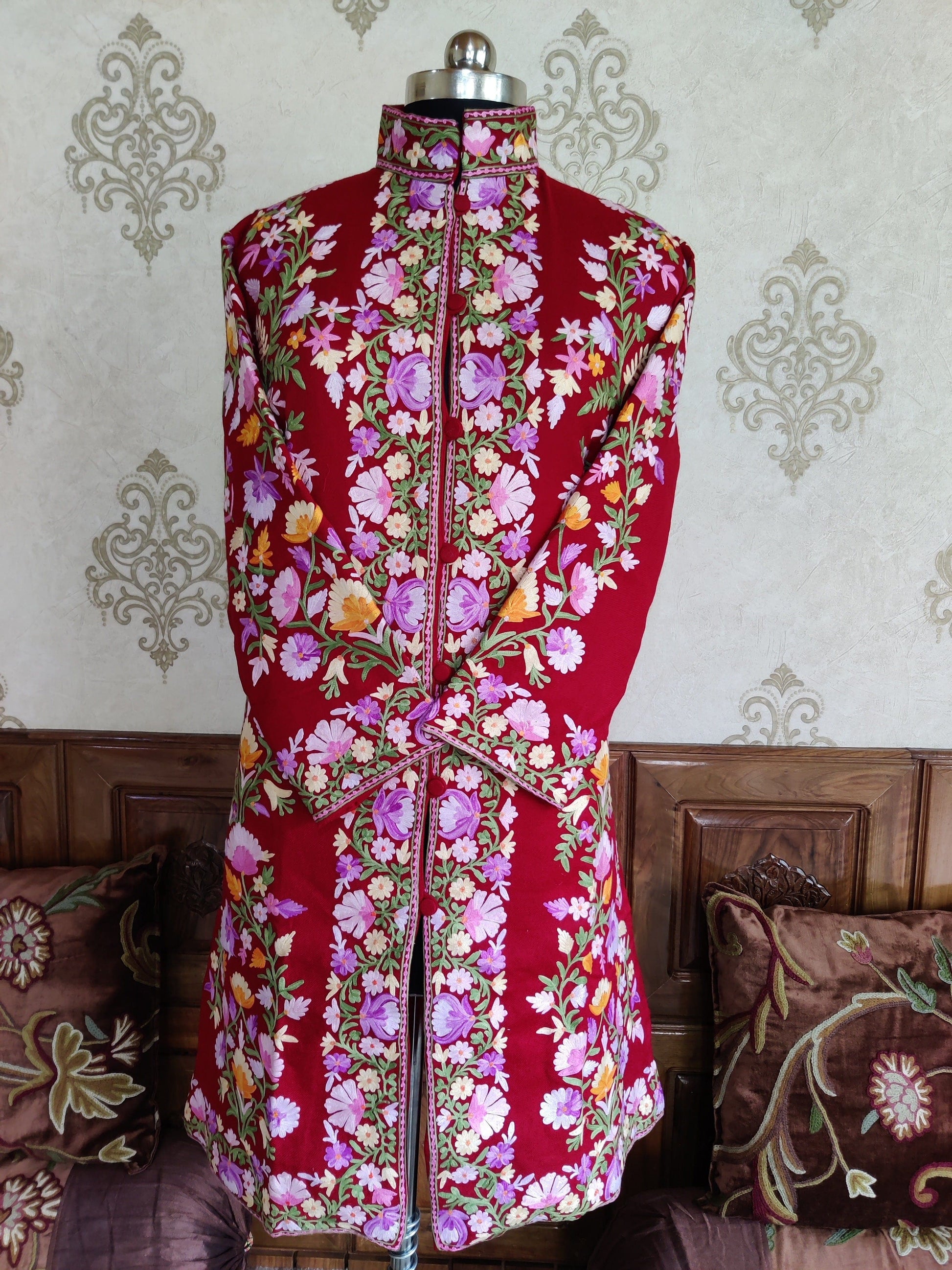 Maroon Long Kashmiri Jacket With Multicolor Floral Embroidery Jacket KashmKari Buy Maroon Kashmiri coat With Boho-Floral Embroidery at best price Online  | Kashmir Thread
