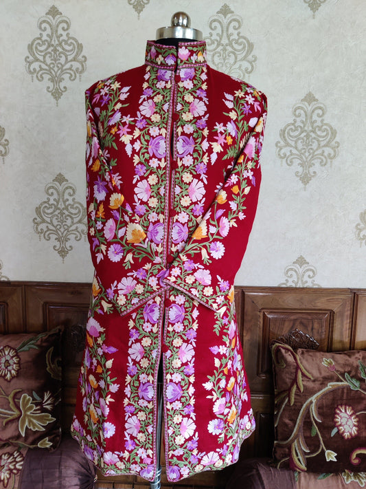 Maroon Long Kashmiri Jacket With Multicolor Floral Embroidery Jacket KashmKari Buy Maroon Kashmiri coat With Boho-Floral Embroidery at best price Online  | Kashmir Thread