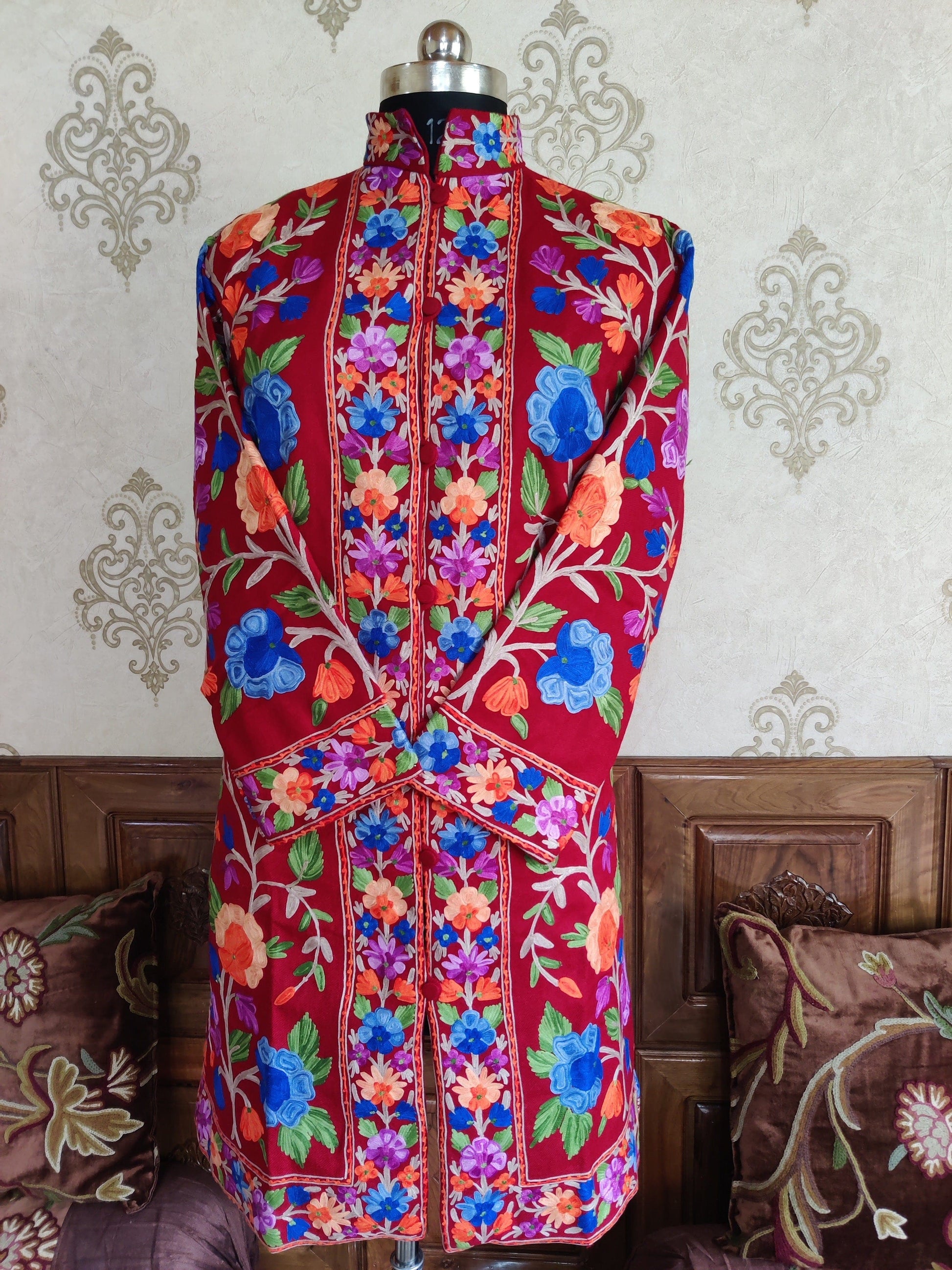 Maroon Long Kashmiri Jacket With Multicolor Floral Embroidery Jacket KashmKari Buy Maroon Long Kashmiri Jacket With Boho-Floral Embroidery at best price Online  | Kashmir Thread