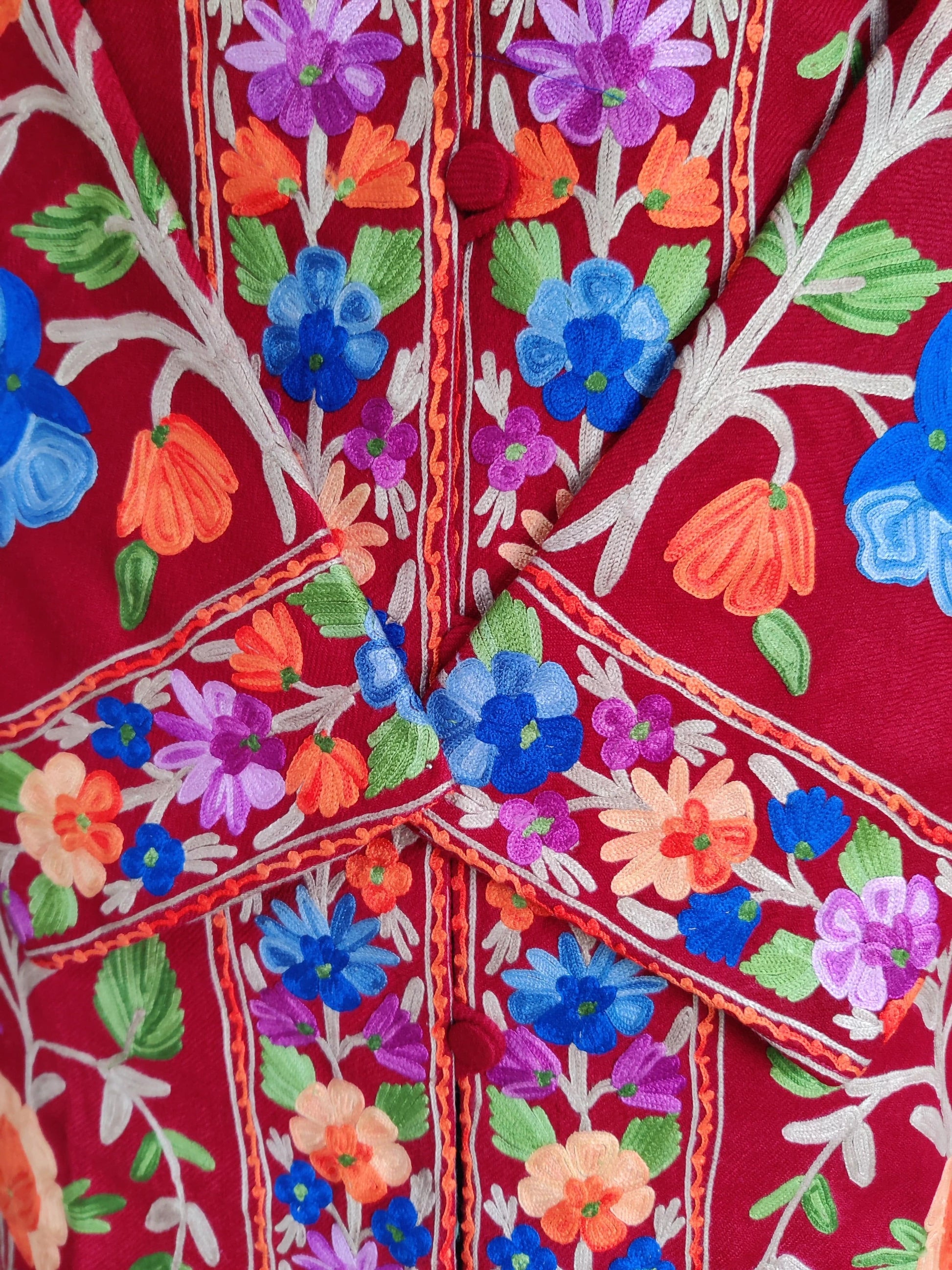 Maroon Long Kashmiri Jacket With Multicolor Floral Embroidery Jacket KashmKari Buy Maroon Long Kashmiri Jacket With Boho-Floral Embroidery at best price Online  | Kashmir Thread