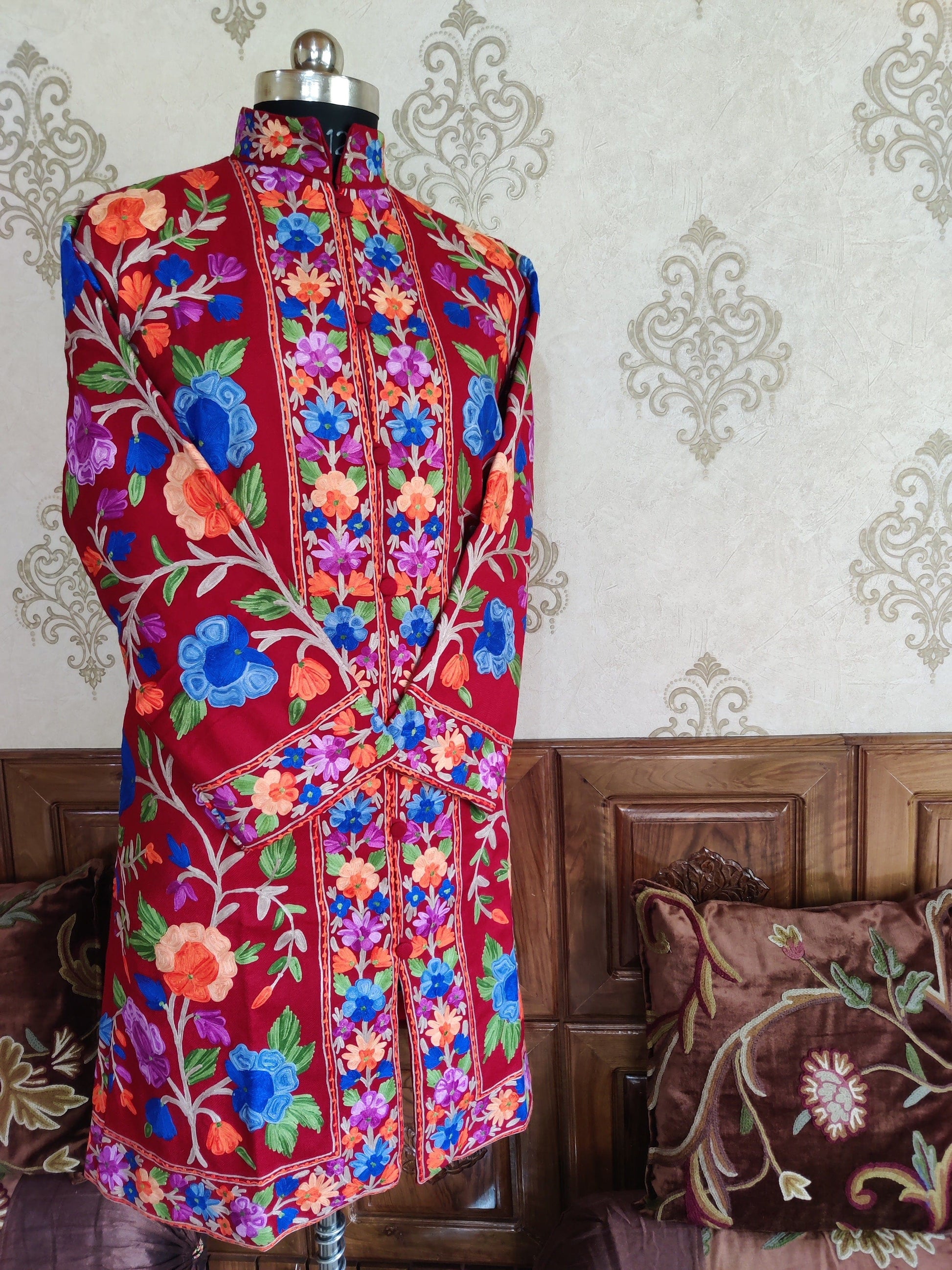 Maroon Long Kashmiri Jacket With Multicolor Floral Embroidery Jacket KashmKari Buy Maroon Long Kashmiri Jacket With Boho-Floral Embroidery at best price Online  | Kashmir Thread