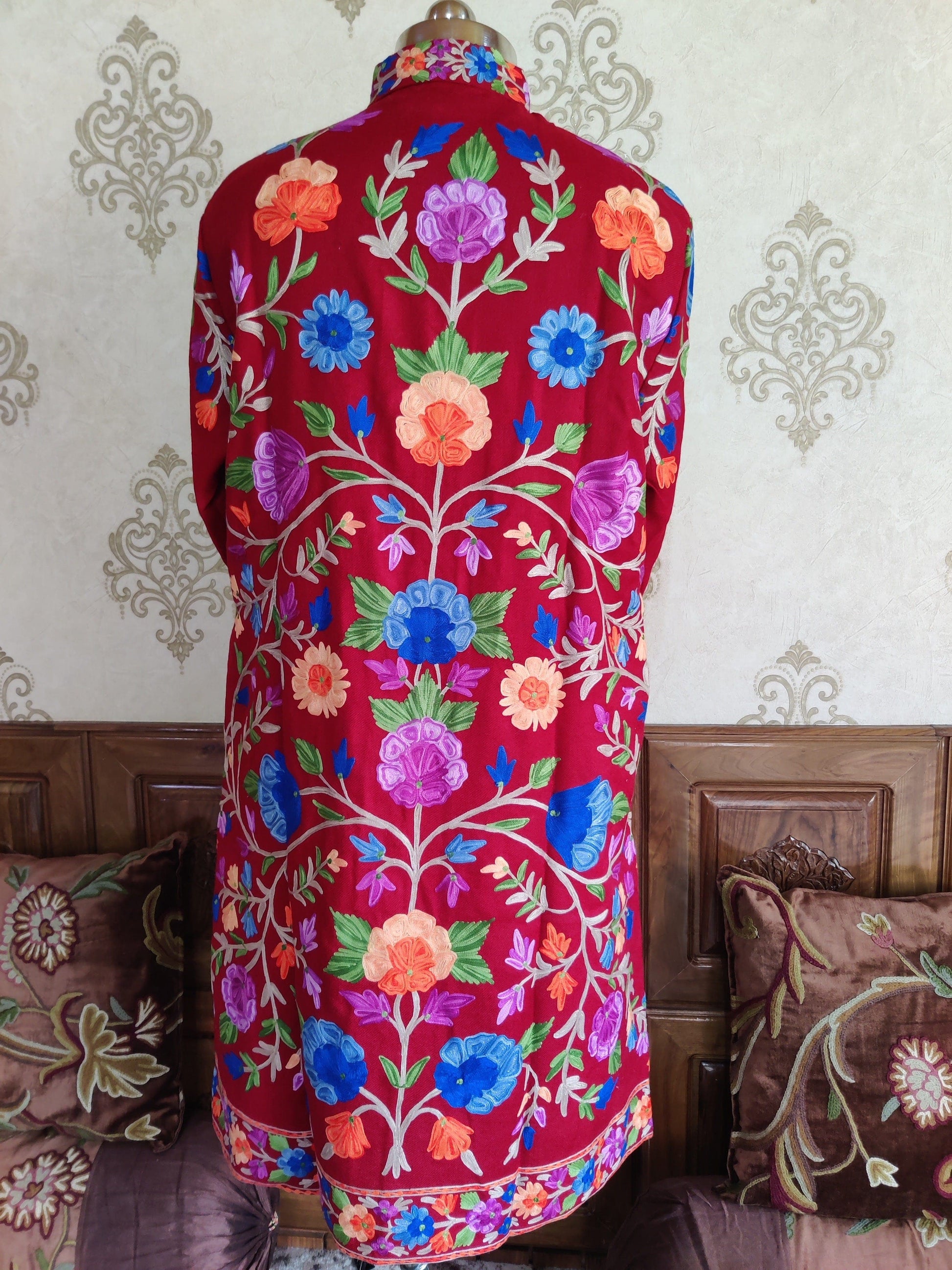 Maroon Long Kashmiri Jacket With Multicolor Floral Embroidery Jacket KashmKari Buy Maroon Long Kashmiri Jacket With Boho-Floral Embroidery at best price Online  | Kashmir Thread