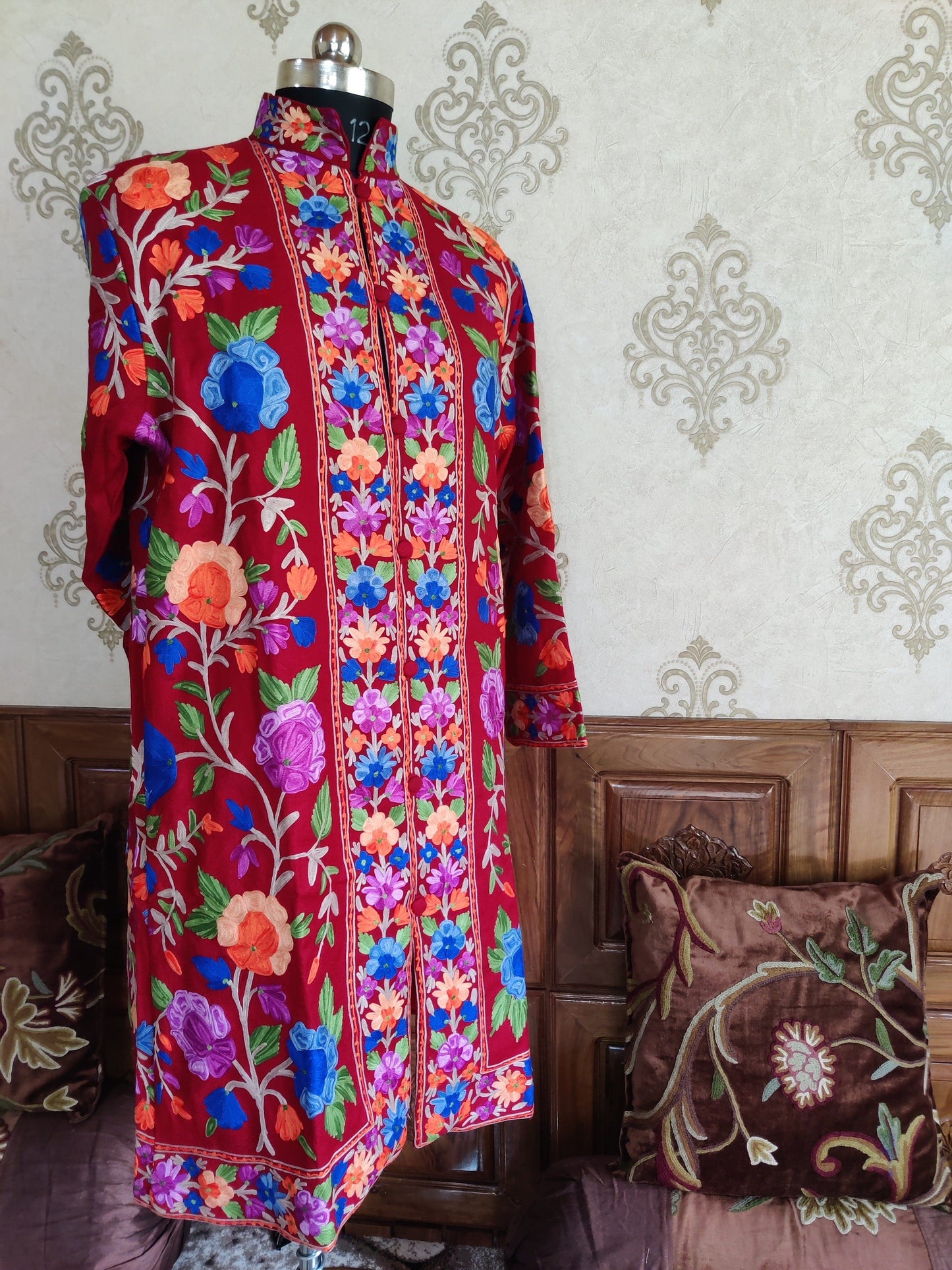 Maroon Long Kashmiri Jacket With Multicolor Floral Embroidery Jacket KashmKari Buy Maroon Long Kashmiri Jacket With Boho-Floral Embroidery at best price Online | Kashmir Thread