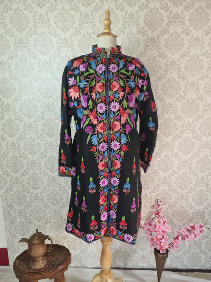 Vibrant V-Shaped Embroidered Kashmiri Long Jacket - KashmKari