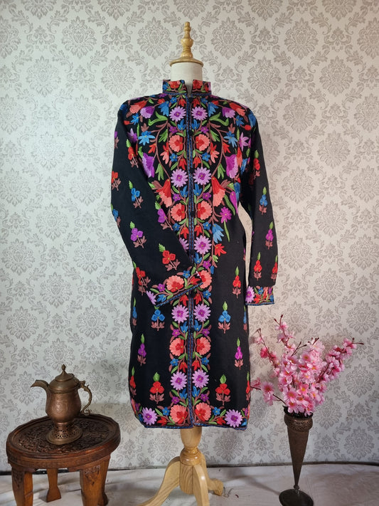 Vibrant V-Shaped Embroidered Kashmiri Long Jacket - KashmKari