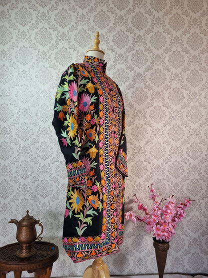 Exquisite Kashmiri Embroidery Floral Design Jacket with Elegant Border Detail - KashmKari
