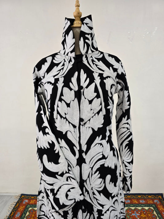 Black & White Grandeur Aari Embroidered Long Jacket