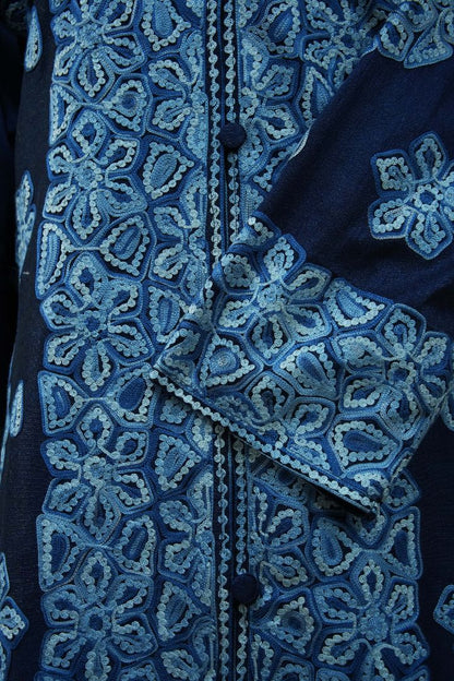 Sapphire Splendor: Kashmiri Aari Embroidery Long Jacket
