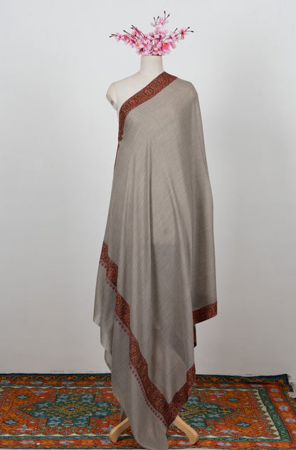 Stone Taupe Paisley 2.5 Yards Sozni Hand Embroidered Shawl