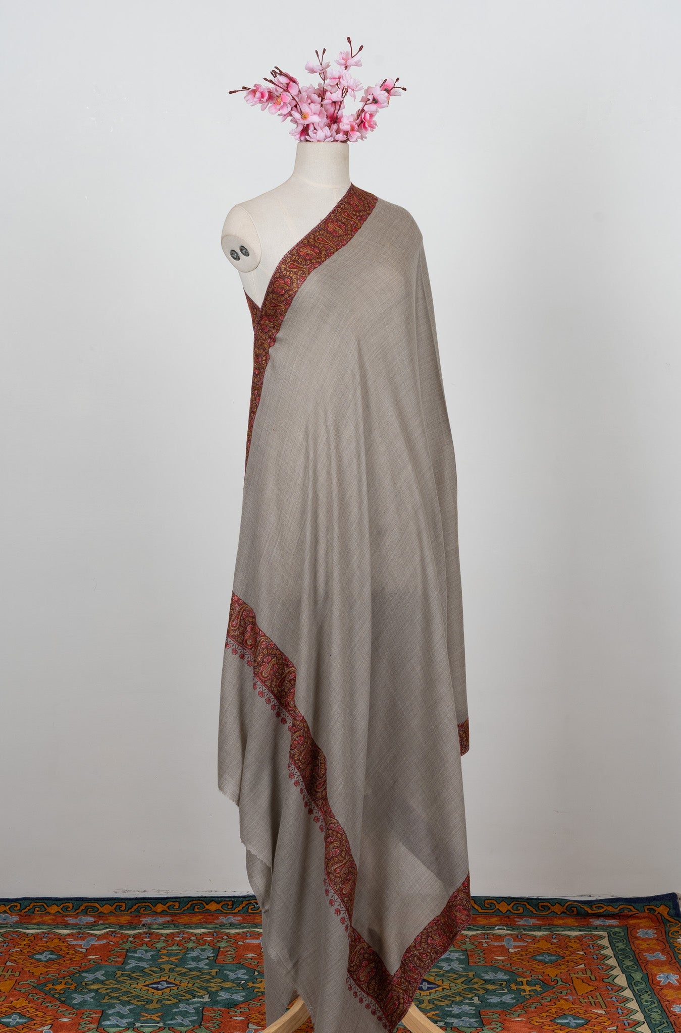 Stone Taupe Paisley 2.5 Yards Sozni Hand Embroidered Shawl