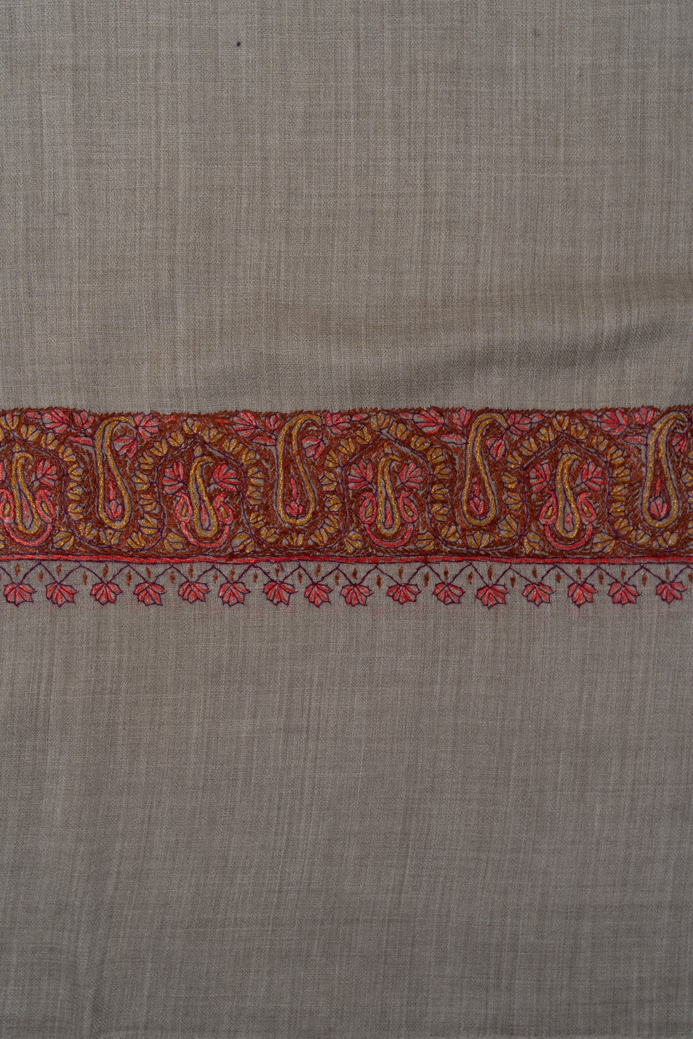 Stone Taupe Paisley 2.5 Yards Sozni Hand Embroidered Shawl