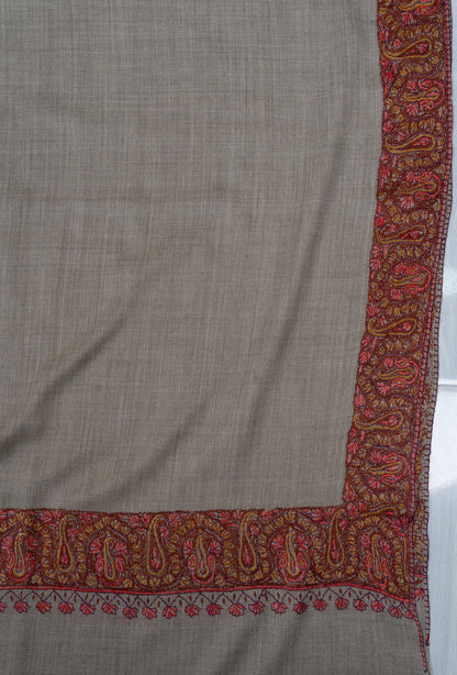 Stone Taupe Paisley 2.5 Yards Sozni Hand Embroidered Shawl