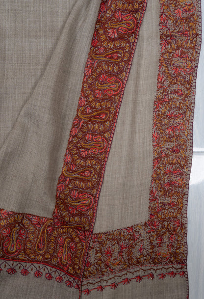 Stone Taupe Paisley 2.5 Yards Sozni Hand Embroidered Shawl