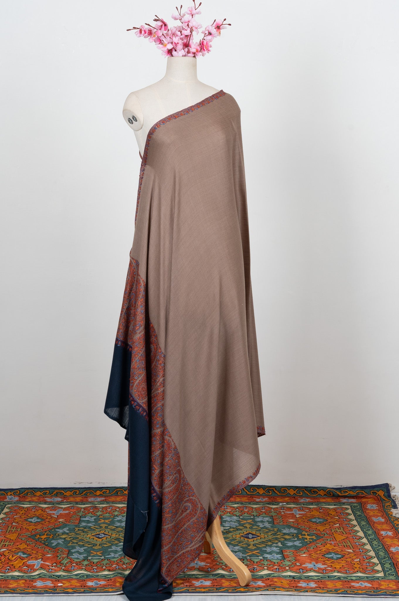 Cocoa Dusk Border 2.5 Yards Sozni Hand Embroidered Shawl