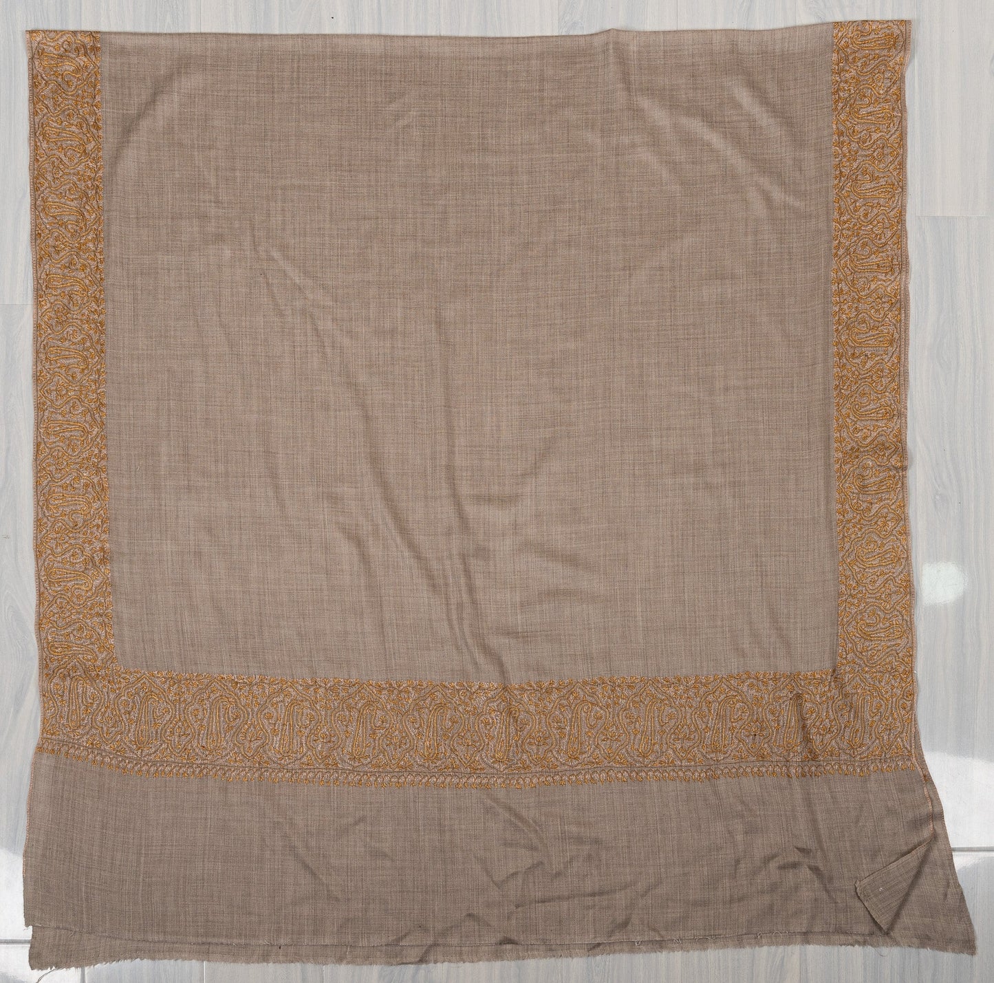 Ivory Sand Heirloom 2.5 Yards Sozni Hand Embroidered Shawl