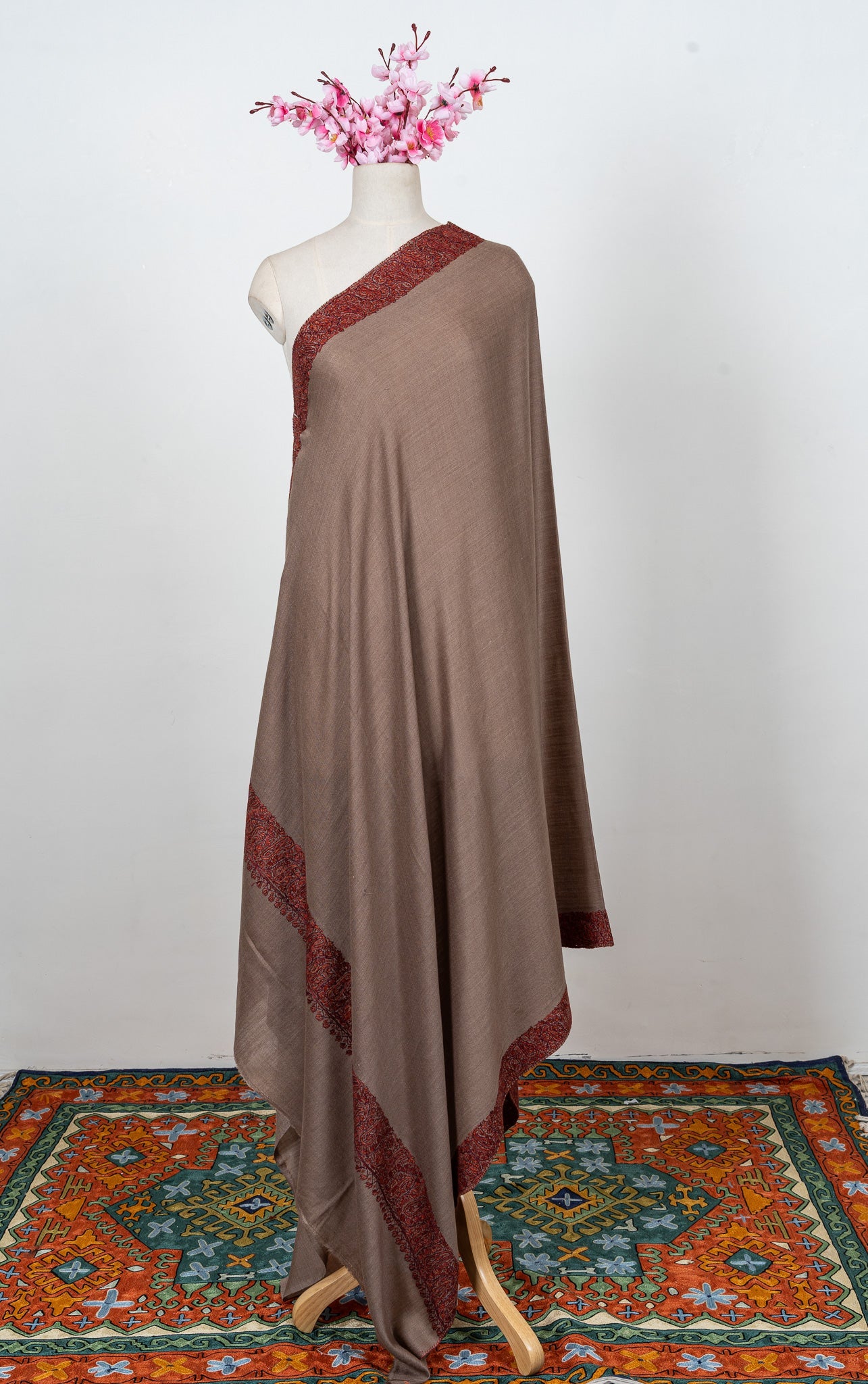 Cedar Mocha Border 2.5 Yards Sozni Hand Embroidered Shawl
