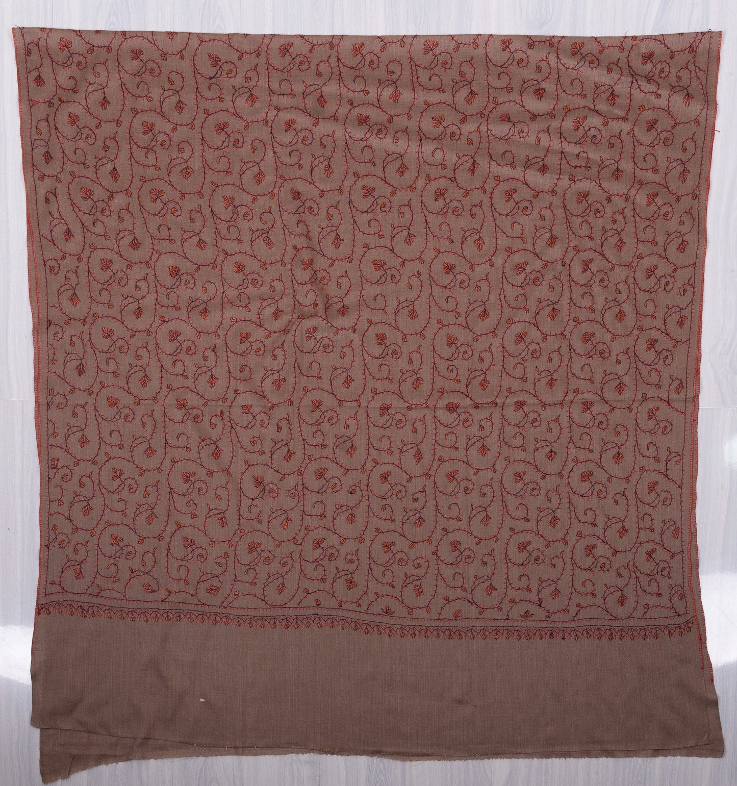 Antique Taupe 2.5 Yards Sozni Hand Embroidered Shawl