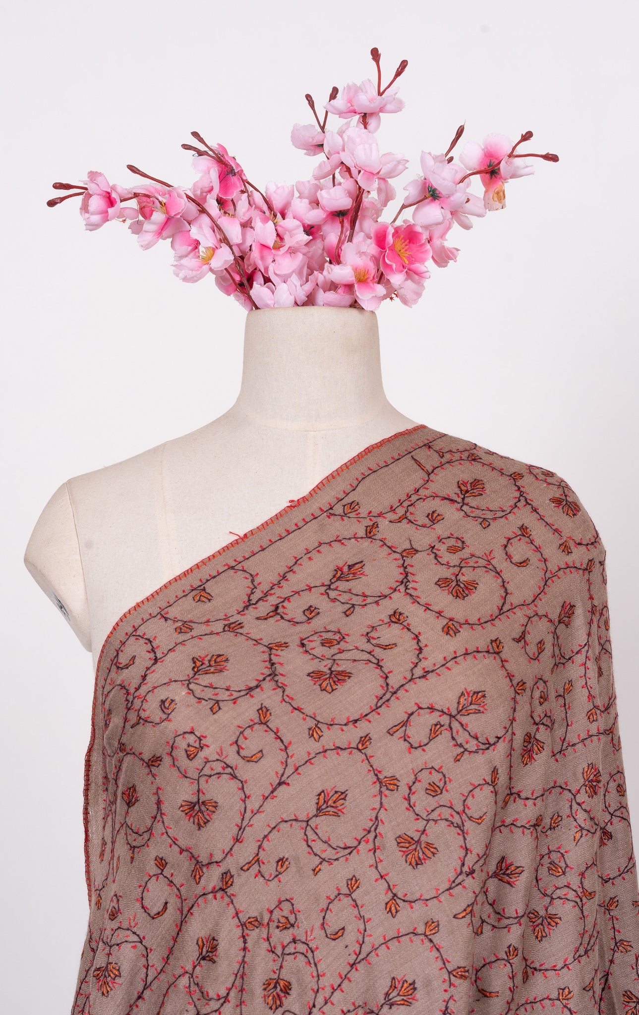 Antique Taupe 2.5 Yards Sozni Hand Embroidered Shawl