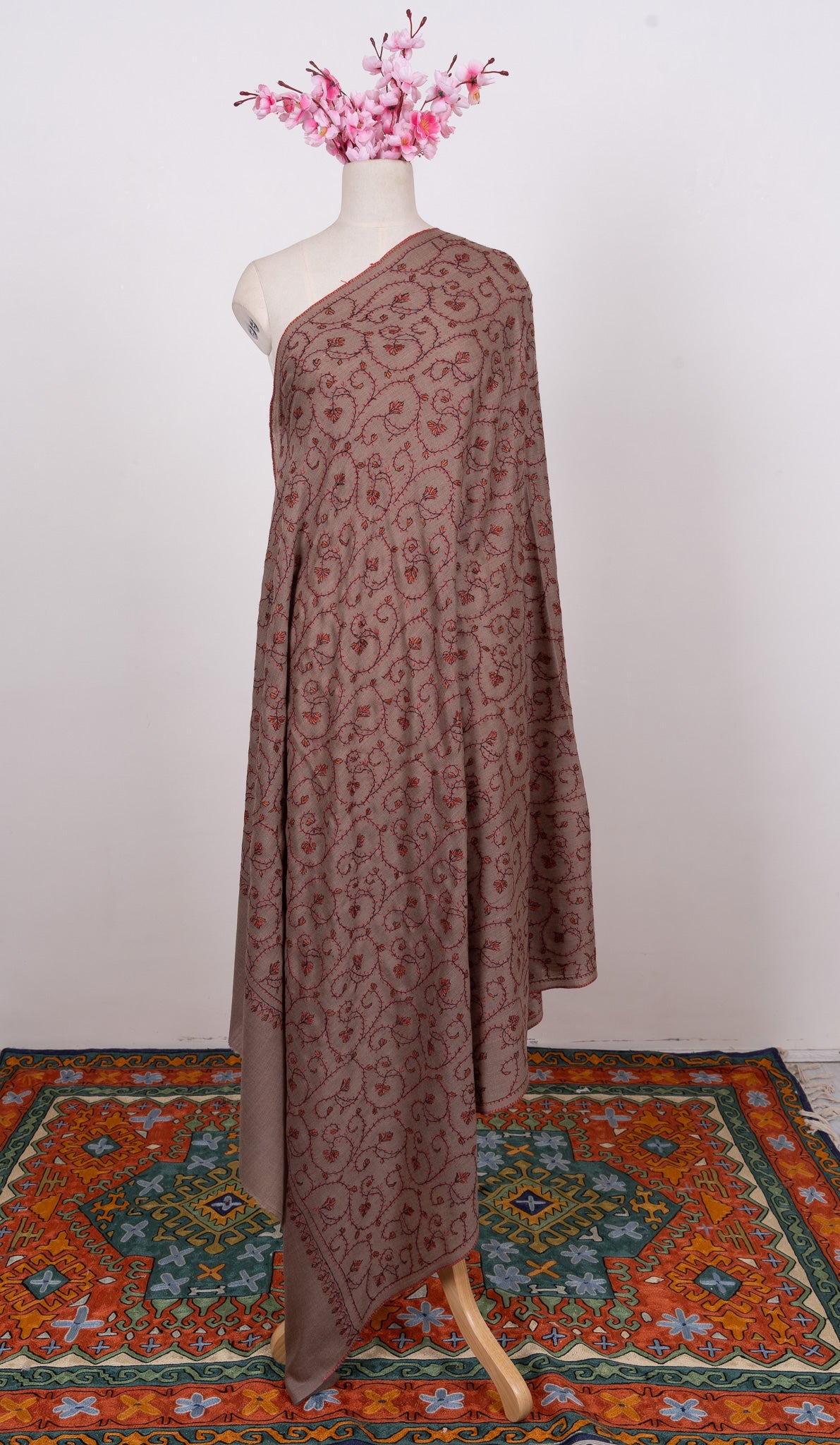 Antique Taupe 2.5 Yards Sozni Hand Embroidered Shawl