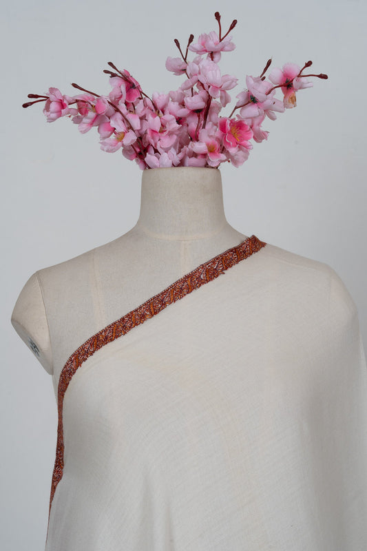 Soft Pearl Rust Edge 2.5 Yards Sozni Hand Embroidered Shawl
