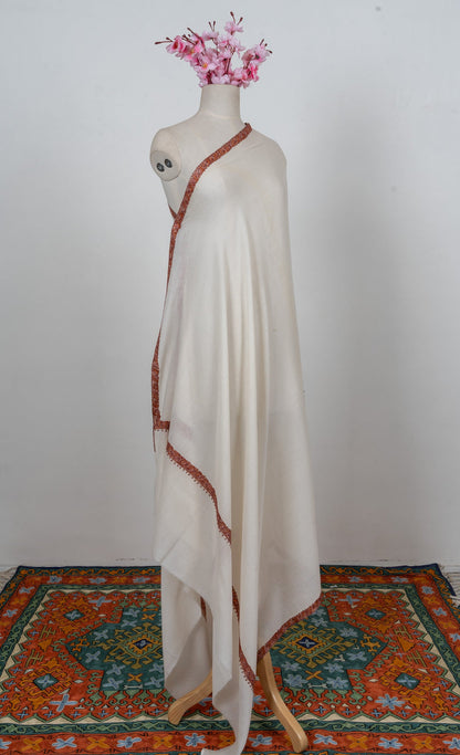 Soft Pearl Rust Edge 2.5 Yards Sozni Hand Embroidered Shawl