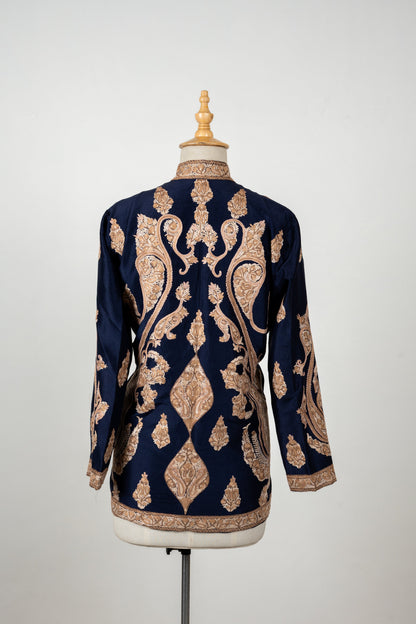 Shehenshah Navy Short Jacket – Pure Raw Silk with Hand Embroidered Paisleys