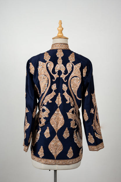Shehenshah Navy Short Jacket – Pure Raw Silk with Hand Embroidered Paisleys