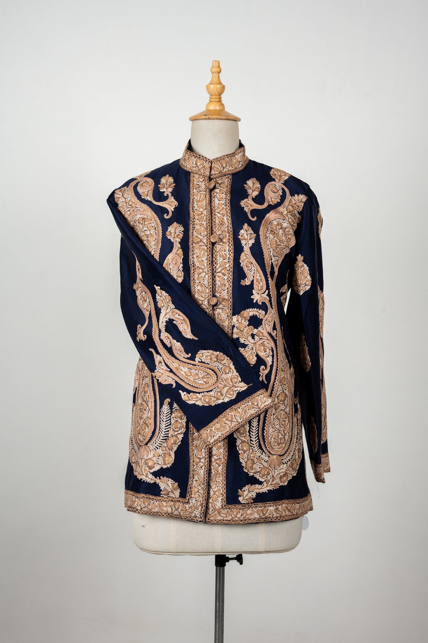 Shehenshah Navy Short Jacket – Pure Raw Silk with Hand Embroidered Paisleys
