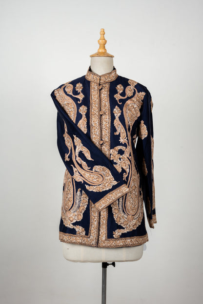 Shehenshah Navy Short Jacket – Pure Raw Silk with Hand Embroidered Paisleys