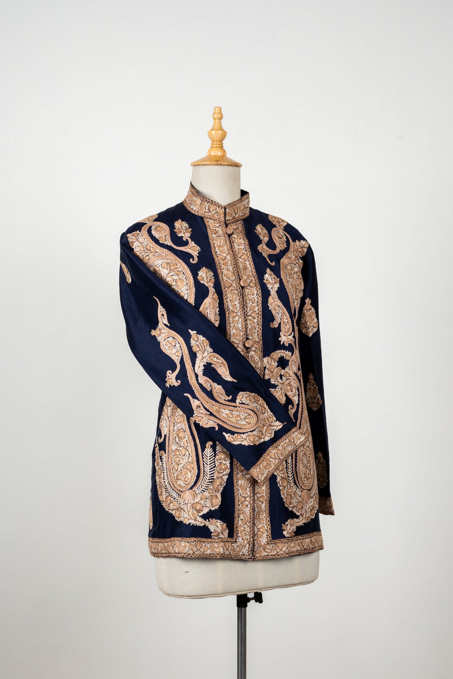 Shehenshah Navy Short Jacket – Pure Raw Silk with Hand Embroidered Paisleys