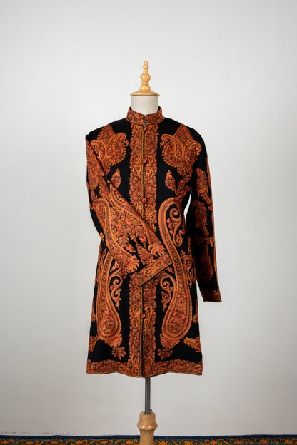 Mehfil-e-Soz Long Jacket – Pure Wool Hand Embroidered Splendor