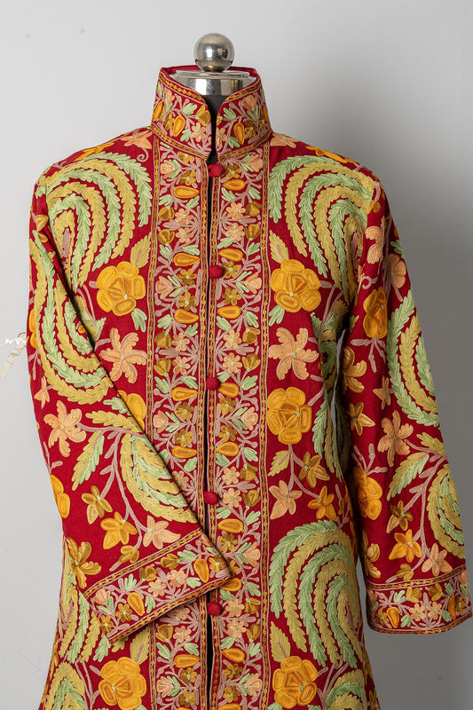 Maroon Aari Kashmiri Jacket with Floral Patterns