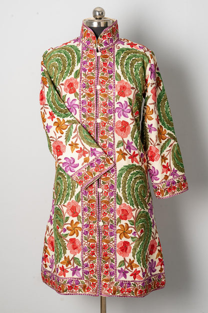 White Aari-Embroidered Floral Jacket with Vivid Hues